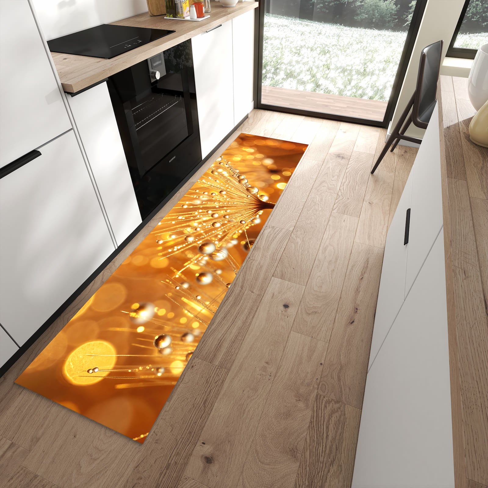 Fleckenresistenter abwaschbarer Küchenteppich mit Motiv Löwenzahn Tropfen in moderner Küche