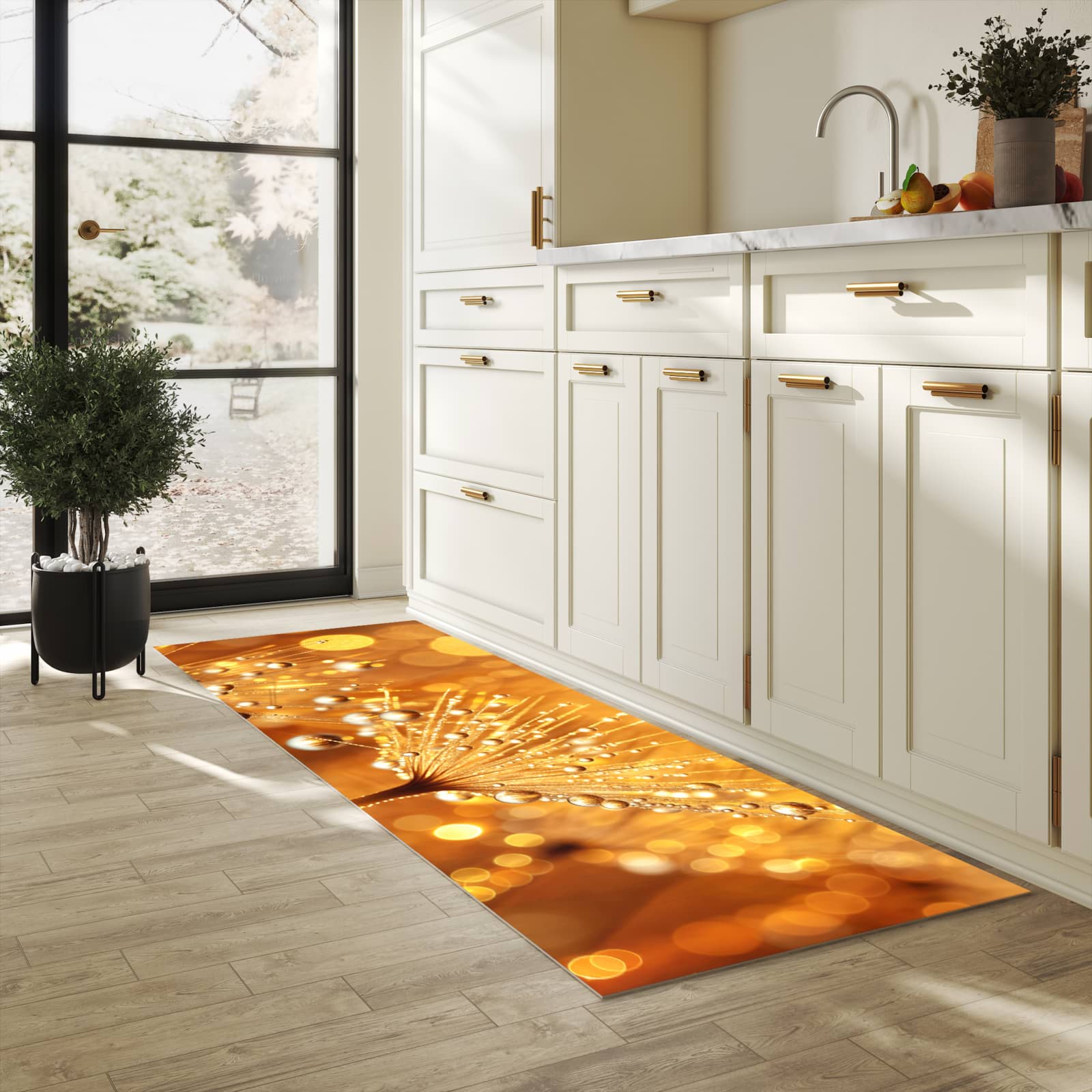 Geruchsneutraler waschbarer Läufer für die Küche mit Motiv Löwenzahn Tropfen in heller Küche