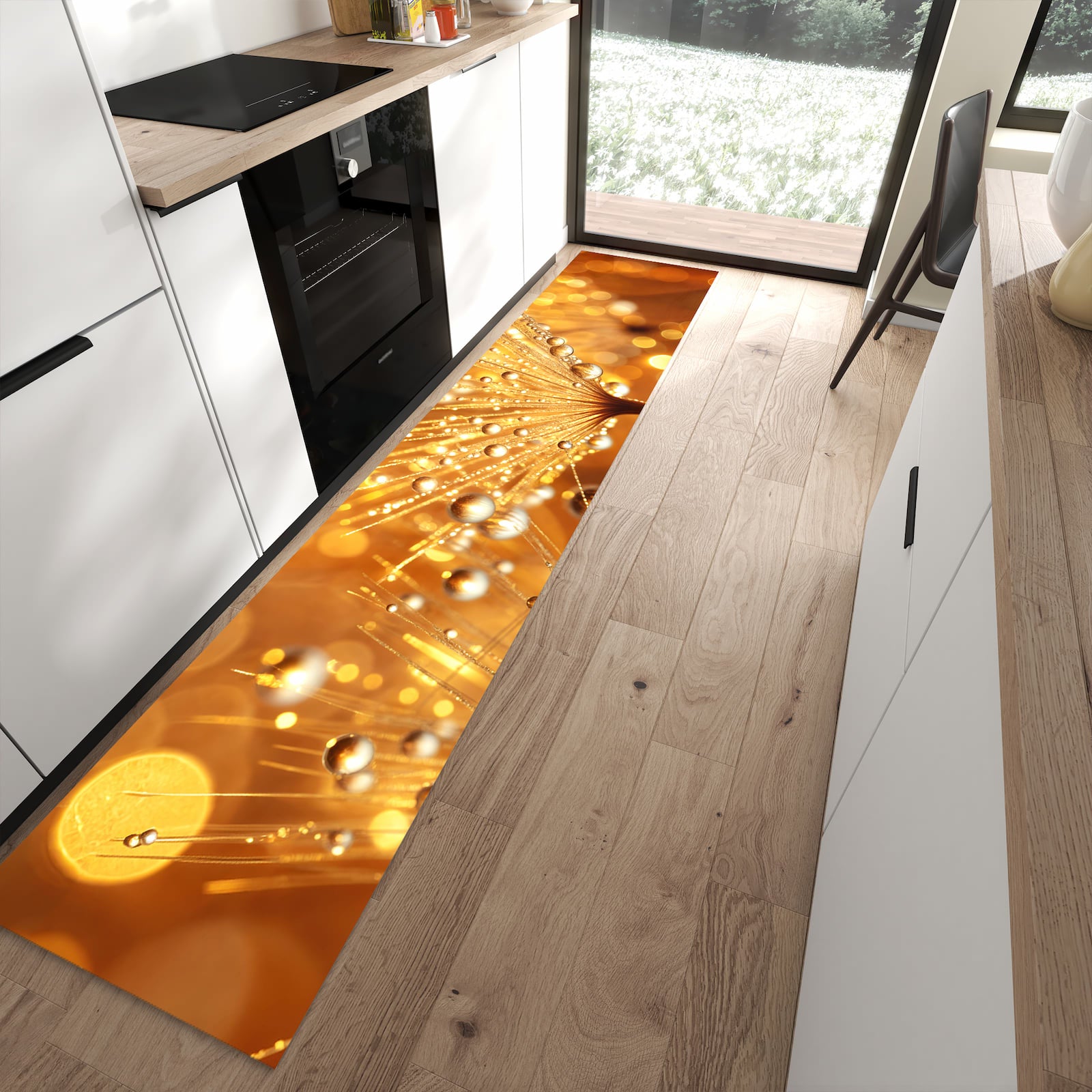 Geruchsneutraler Küchenteppich mit Motiv Löwenzahn Tropfen in moderner Küche