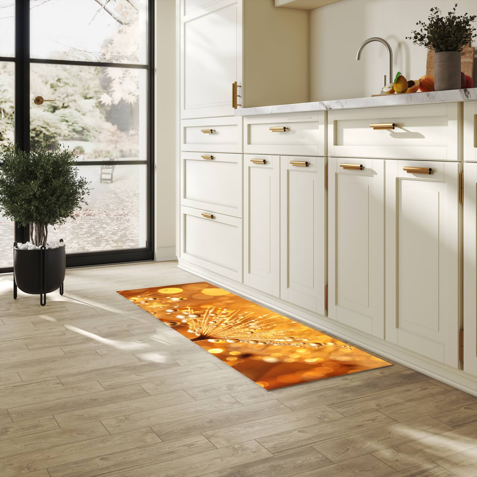 Abriebfester Küchenläufer mit Motiv Löwenzahn Tropfen in heller Küche