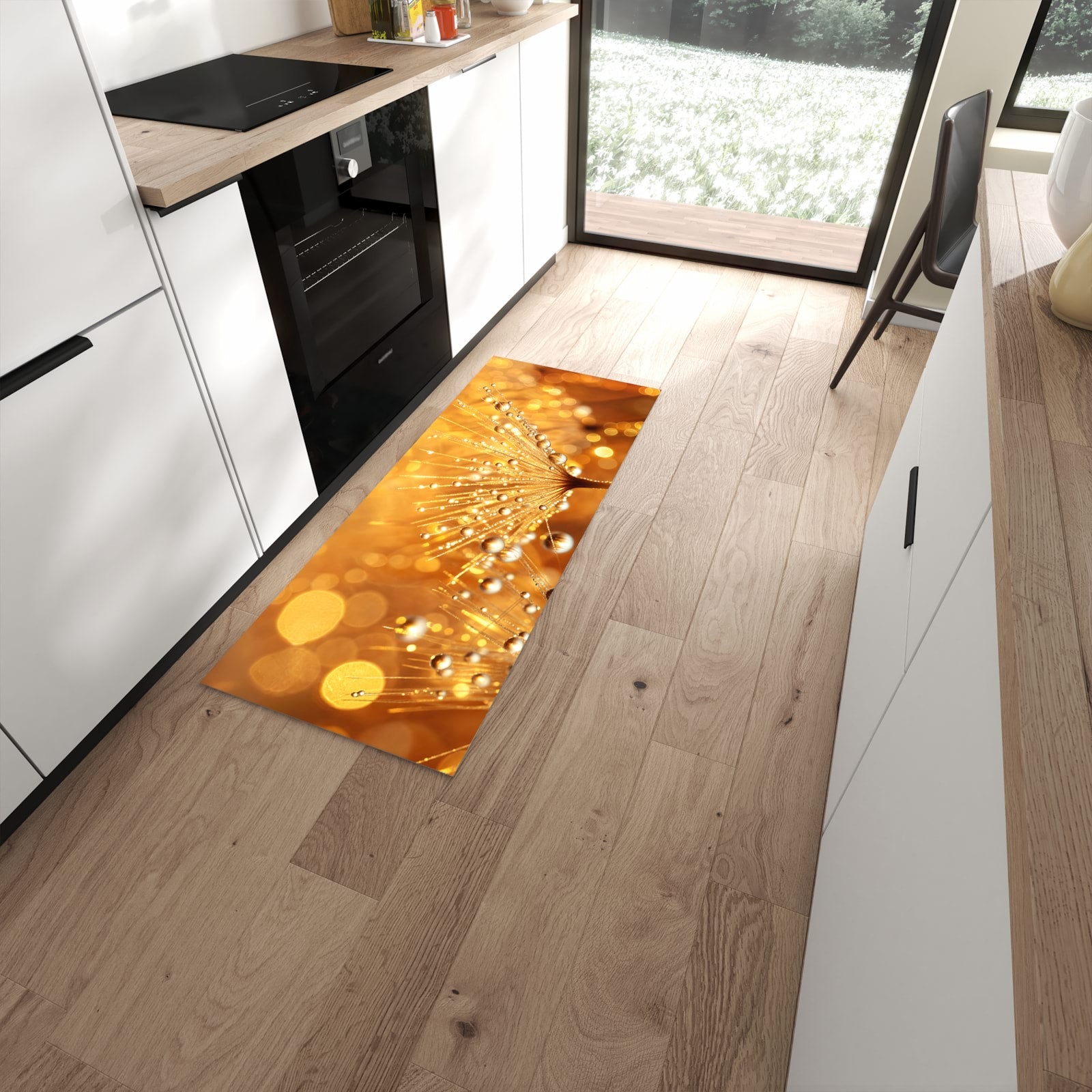 Komfortabler Küchenläufer mit Motiv Löwenzahn Tropfen in moderner Küche #grösse_60 x 150 cm