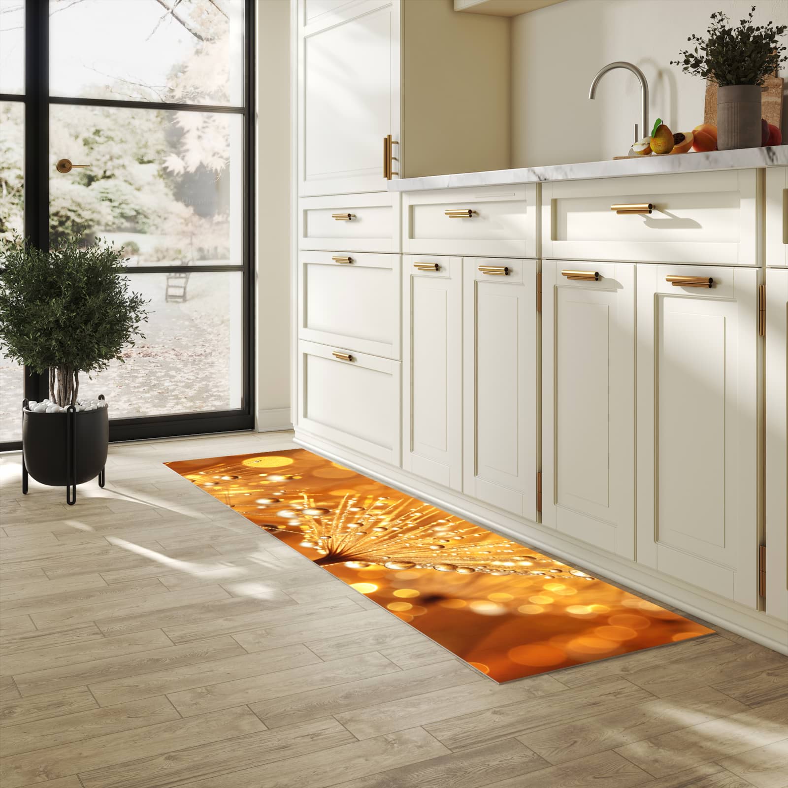 UV-beständiger Küchenvorleger mit Motiv Löwenzahn Tropfen in heller Küche