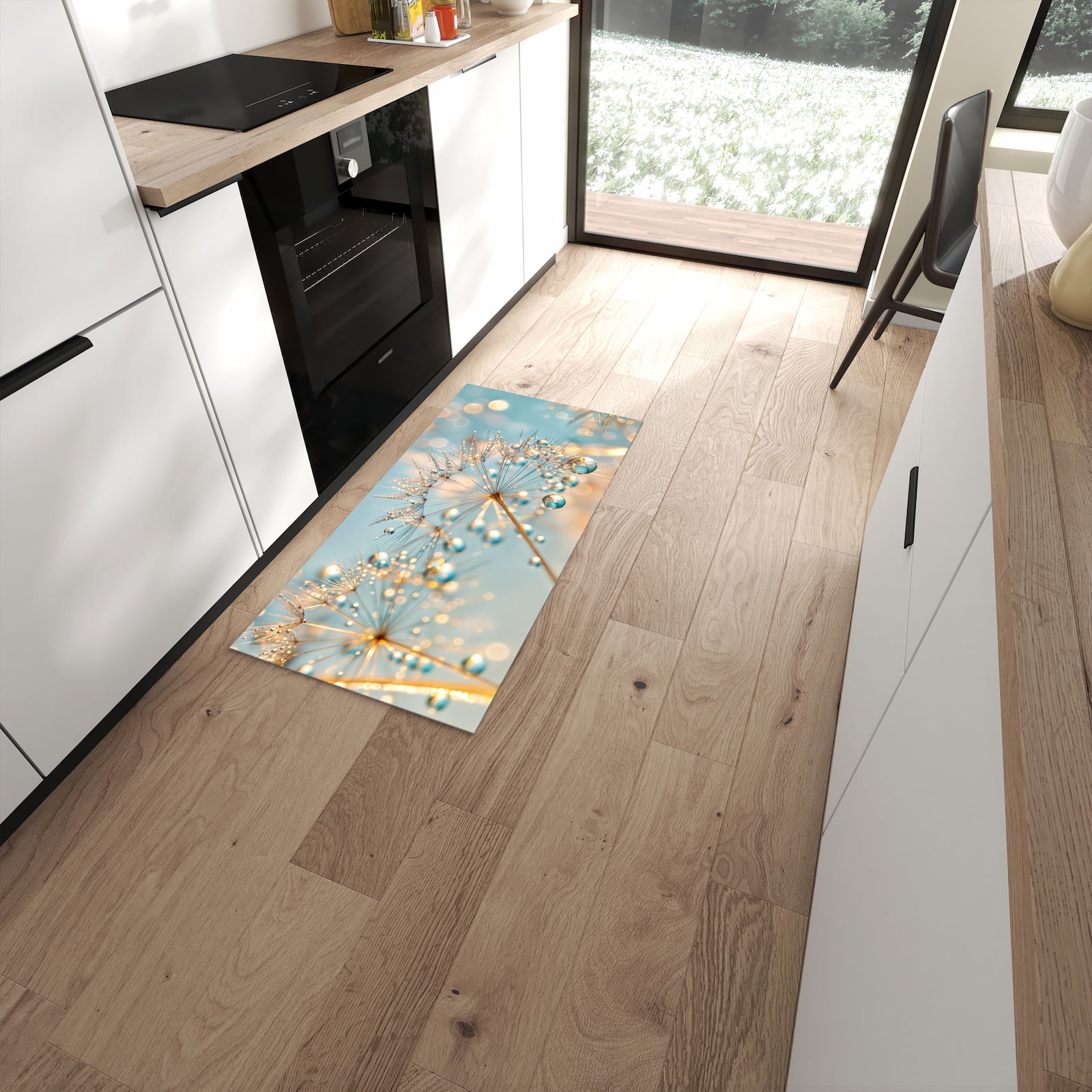 Waschbarer großer Küchenteppich mit Motiv Pusteblume Wassertropfen in moderner Küche #grösse_60 x 120 cm