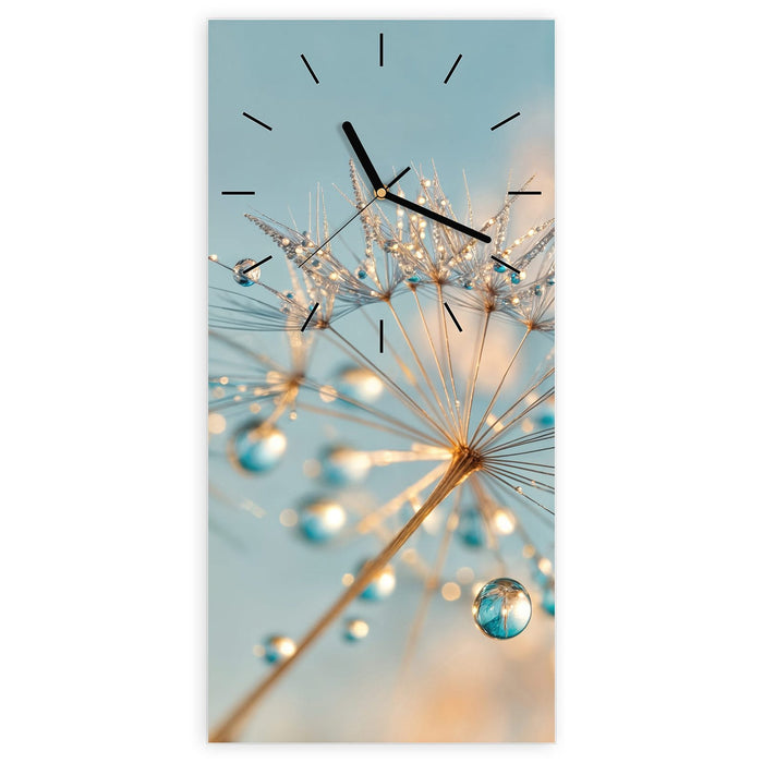 Wanduhr Pusteblume Wassertropfen aus Glas – Hochformat 30 × 60 cm mit Ziffernblatt Linie