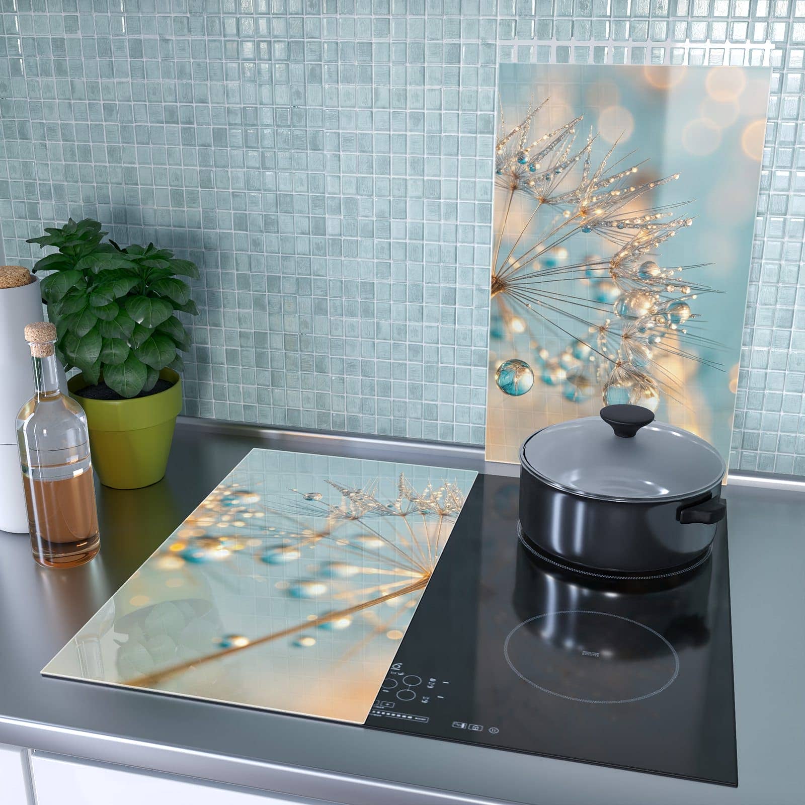 2-teilige Herdabdeckplatte mit Pusteblume Wassertropfen-Motiv als Spritzschutz hinter dem Kochfeld