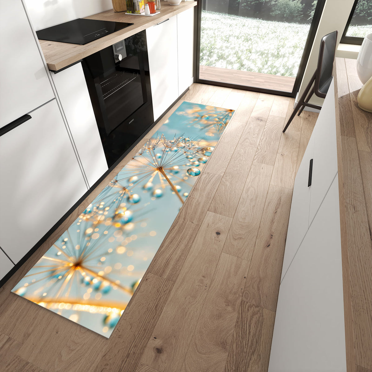 Feuchtigkeitsresistenter Küchenläufer mit Motiv Pusteblume Wassertropfen in moderner Küche
