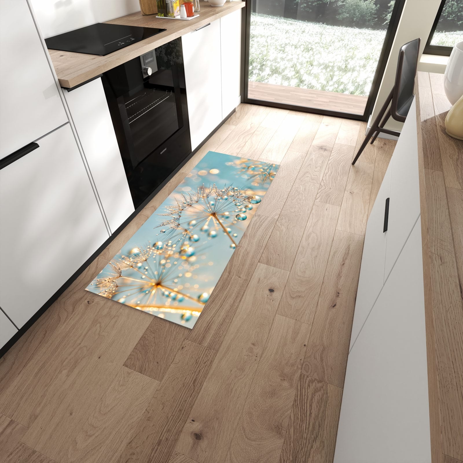 Langlebiger rutschfester Küchenteppich mit Motiv Pusteblume Wassertropfen in moderner Küche #grösse_60 x 150 cm