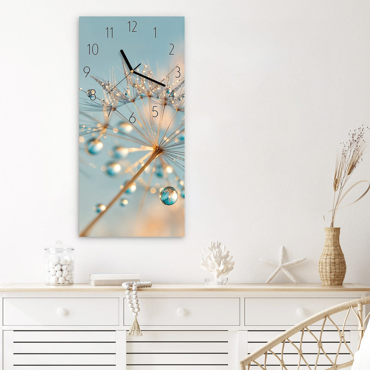 Wanduhr Pusteblume Wassertropfen aus Glas – Pusteblumenschirmchen in Pastellblau und Gold
