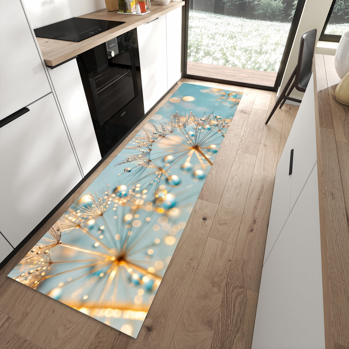 Waschbarer Küchenläufer mit Motiv Pusteblume Wassertropfen in moderner Küche für sicheres Aufbewahren