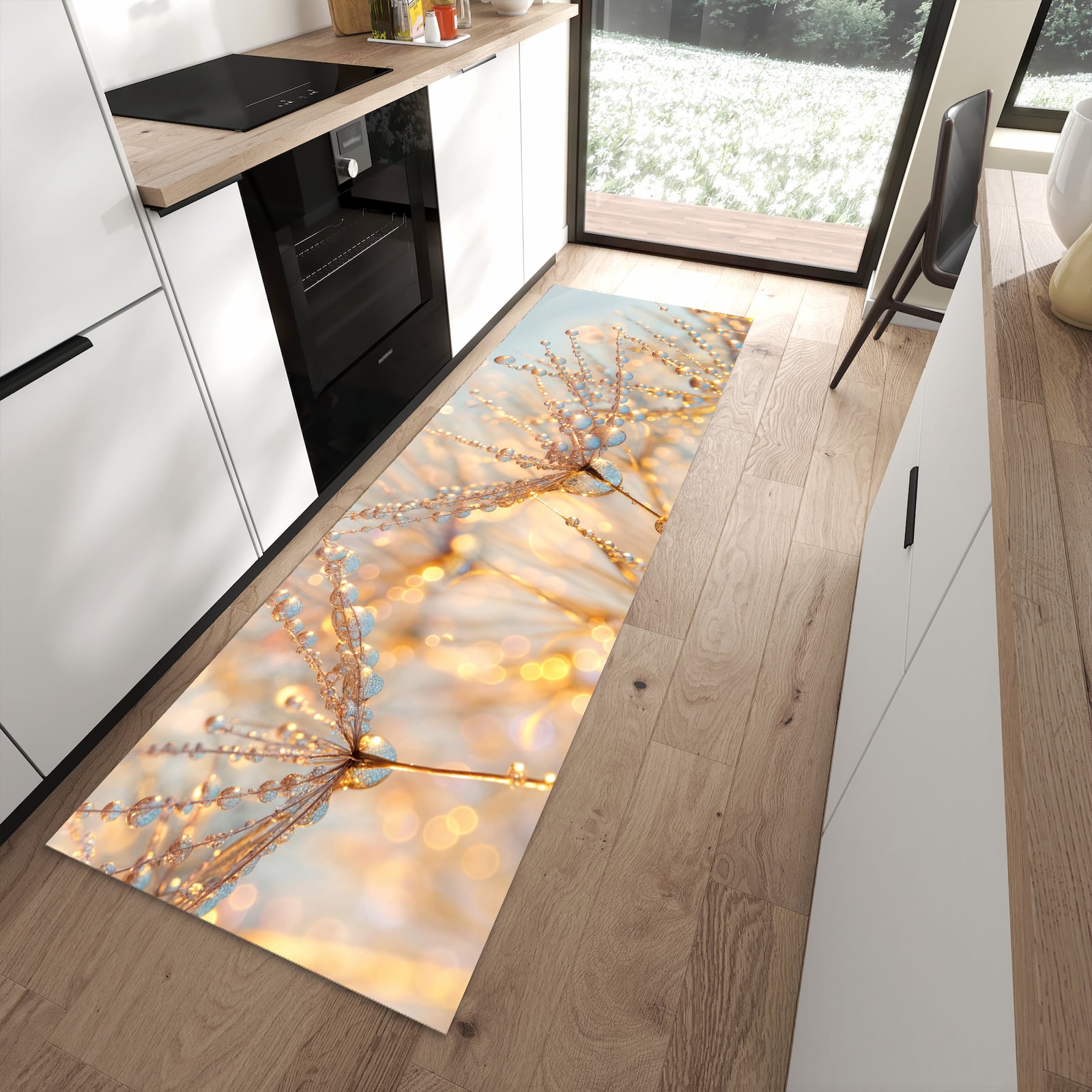 Rutschfester Küchenläufer mit Motiv Tautropfen Panorama in moderner Küche
