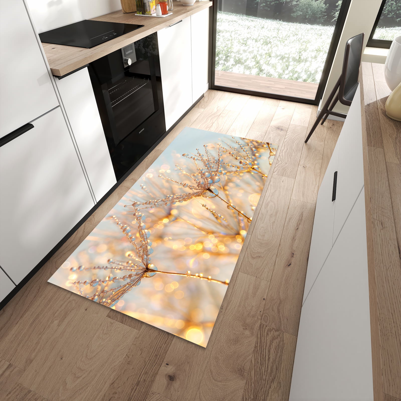 Hygienischer Küchenteppich mit Motiv Tautropfen Panorama in moderner Küche - leicht waschbar
