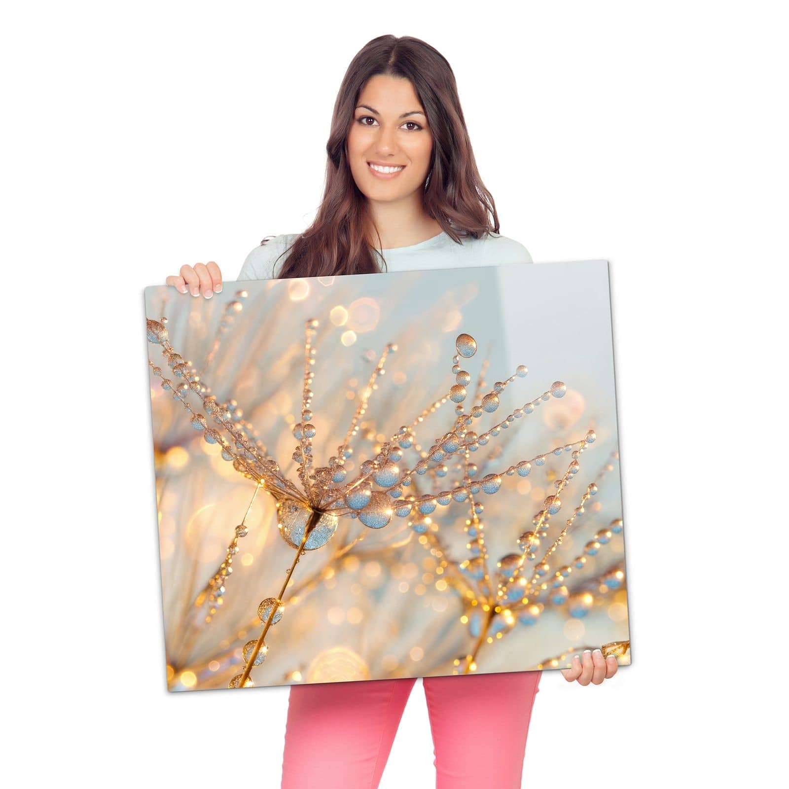 Herdabdeckung aus Glas mit Tautropfen Panorama-Motiv wird zur Größendarstellung gehalten