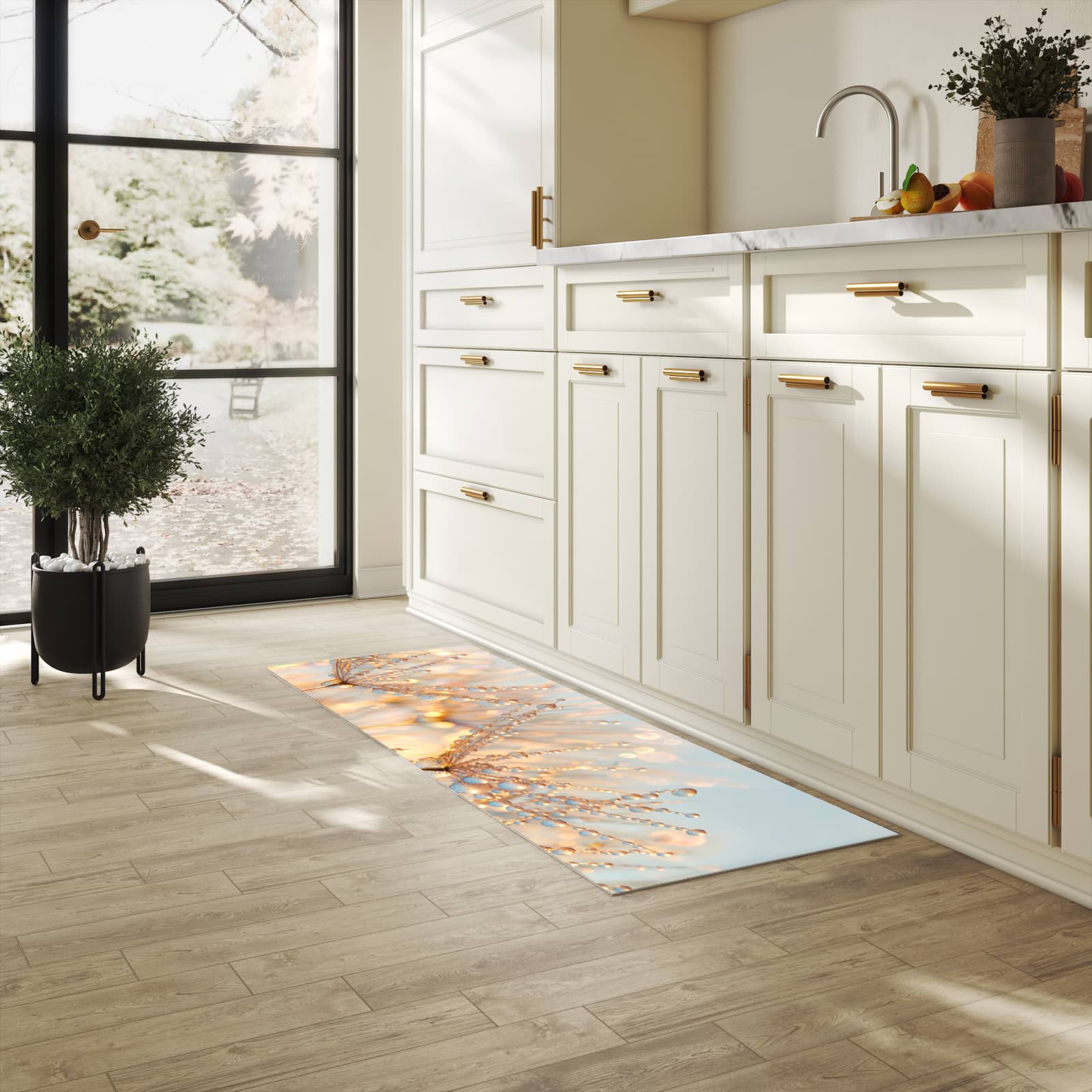 Waschbarer Küchenteppich mit Motiv Tautropfen Panorama für Trittkomfort in heller Küche