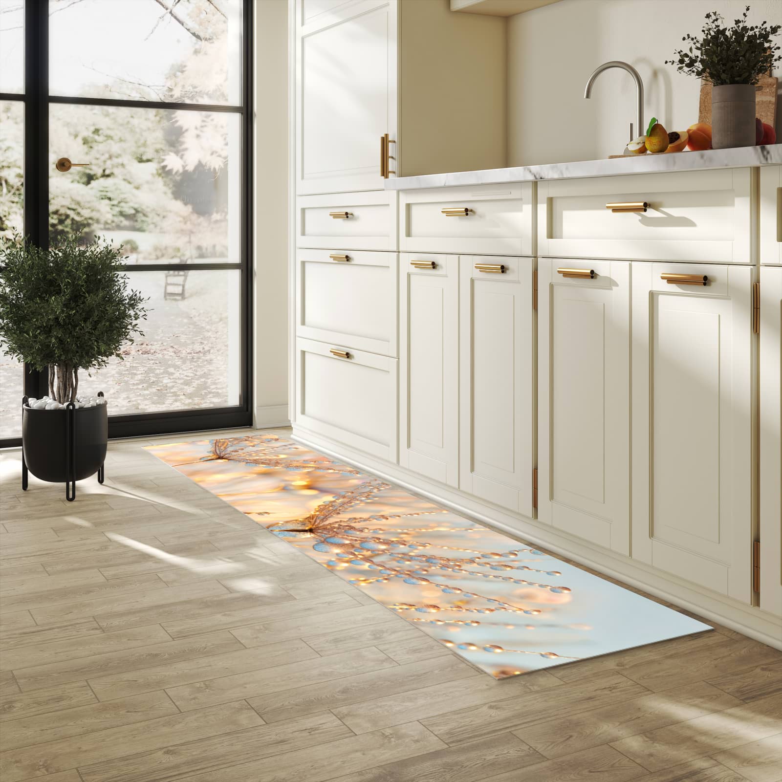 Fleckenresistenter Küchenläufer mit Motiv Tautropfen Panorama in heller Küche