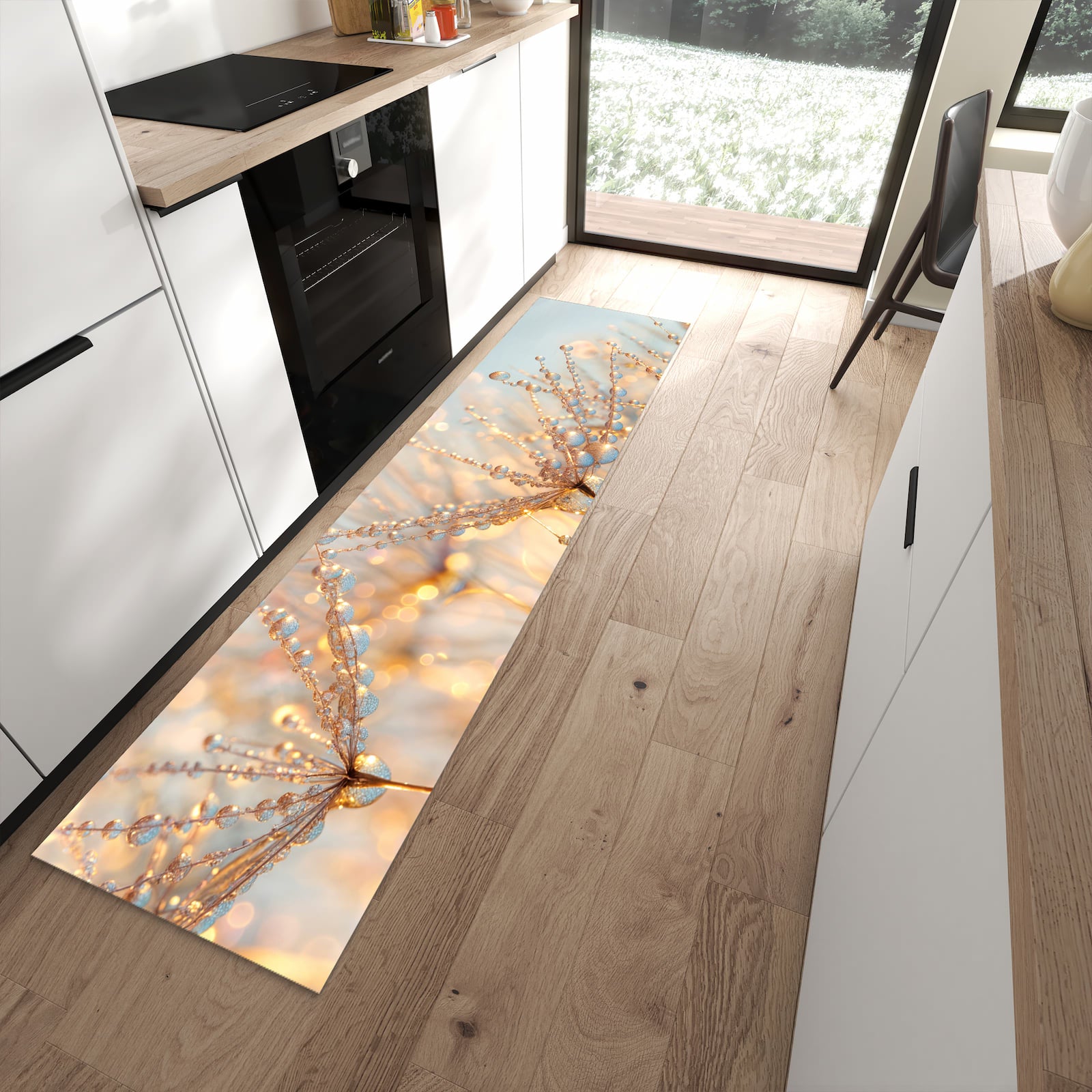 Geruchsneutraler rutschfester Küchenteppich mit Motiv Tautropfen Panorama in moderner Küche