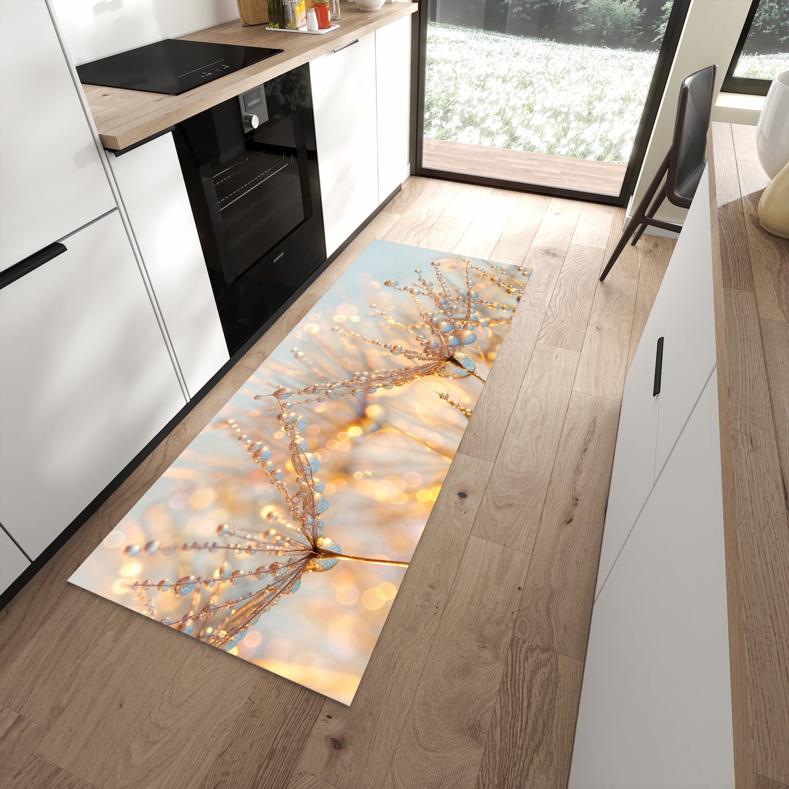 Komfortabler waschbarer Küchenteppich mit Motiv Tautropfen Panorama in moderner Küche
