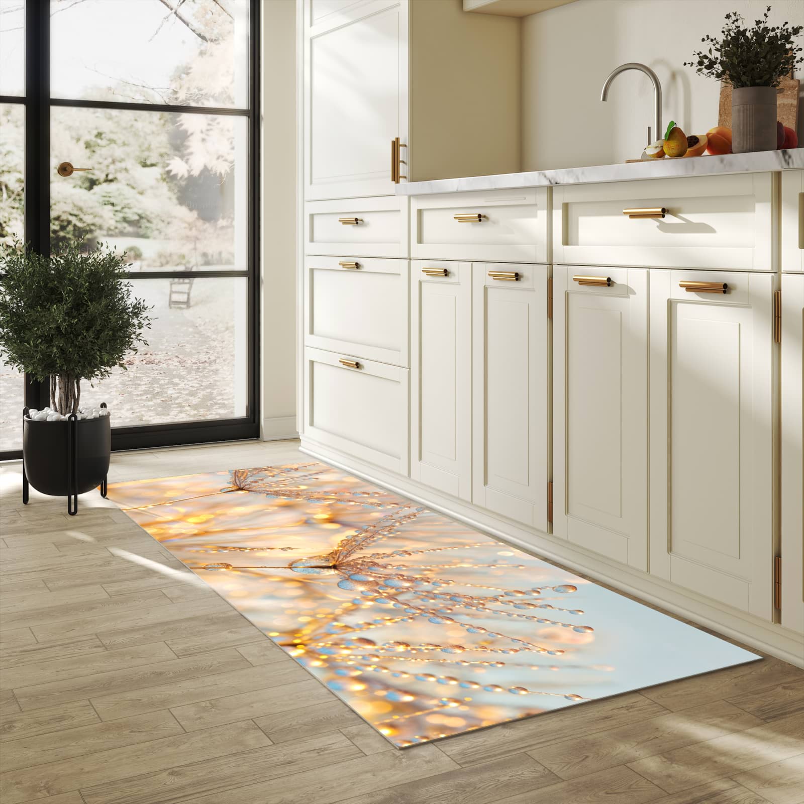 Pflegeleichter Küchenläufer nach Maß mit Motiv Tautropfen Panorama in heller Küche