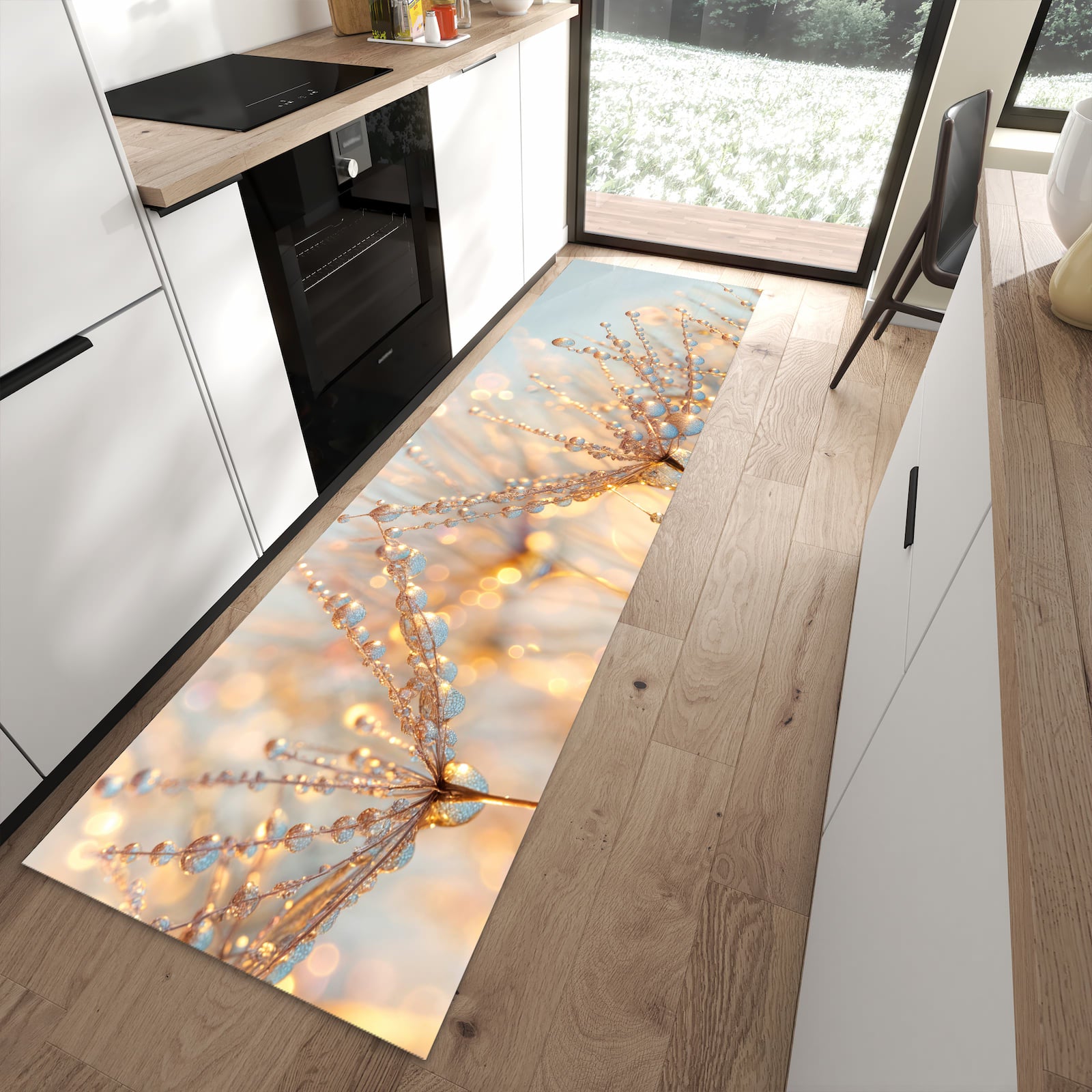 Rutschfester Küchenteppich mit Motiv Tautropfen Panorama in moderner Küche - leicht zu reinigen