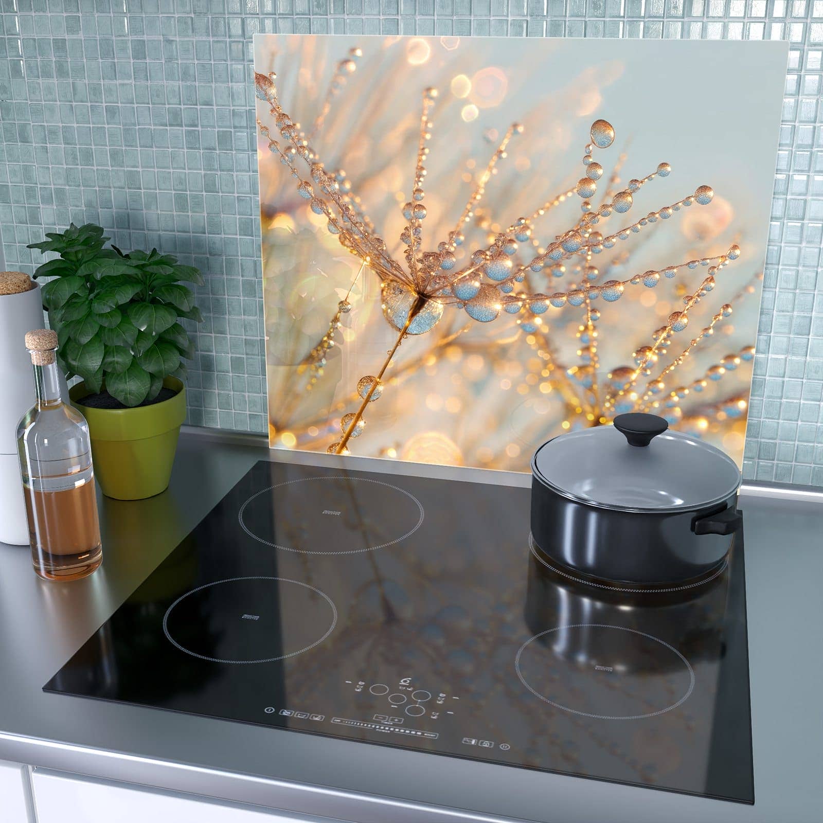 1-teilige Kochfeldabdeckung mit Tautropfen Panorama-Motiv als Spritzschutz hinter dem Kochfeld