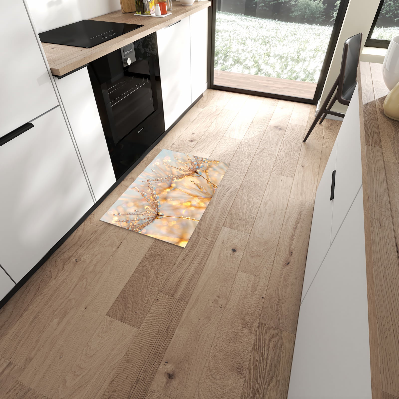 Pflegeleichter Küchenteppich mit Motiv Tautropfen Panorama in moderner Küche