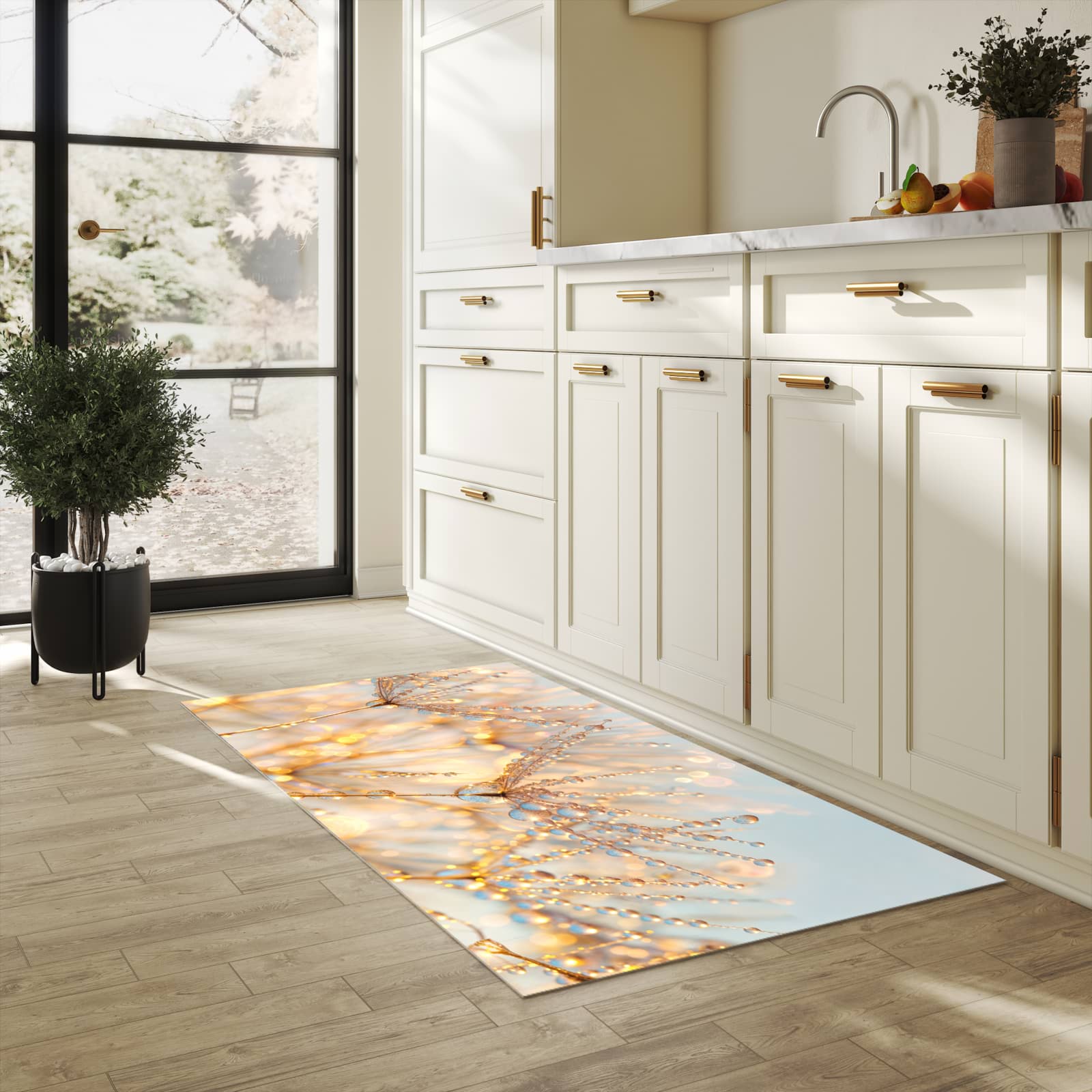 Rutschfester Küchenläufer mit Motiv Tautropfen Panorama in heller Küche