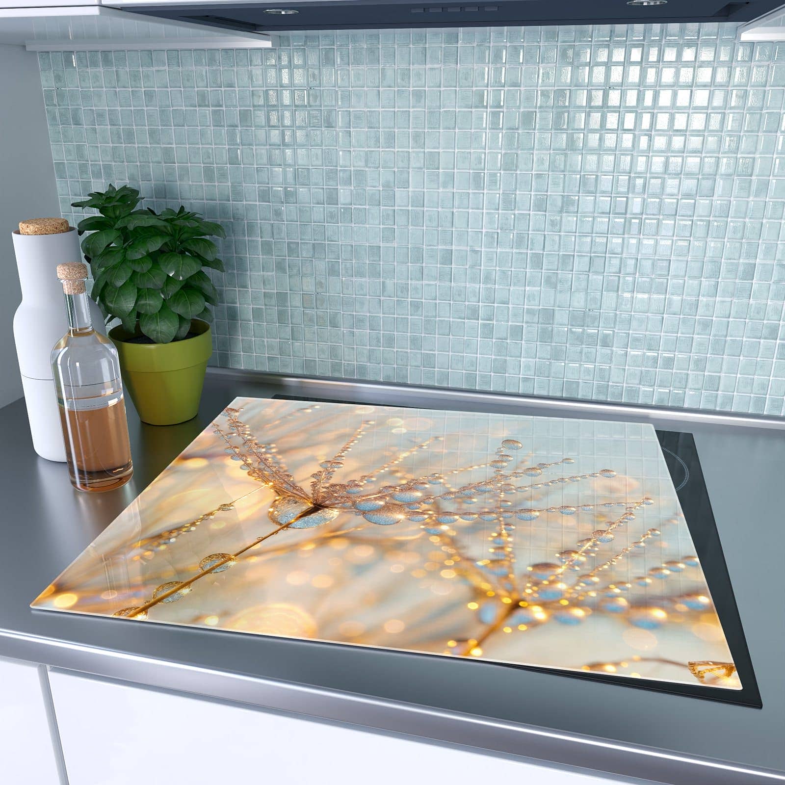 1-teilige Abdeckplatte für Ceranfeld mit Tautropfen Panorama-Motiv auf dem Ceranfeld