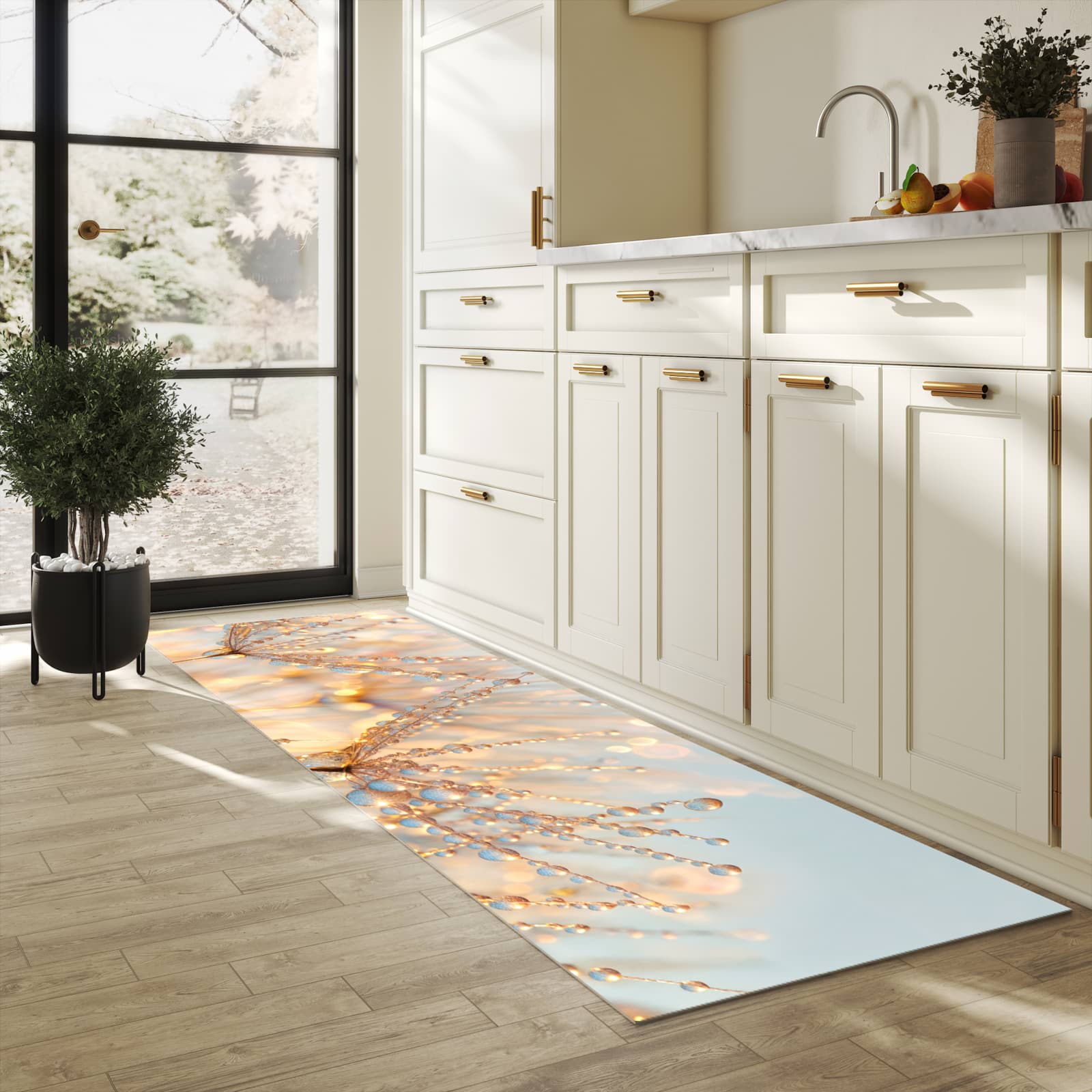 Pflegeleichter waschbarer Küchenläufer mit Motiv Tautropfen Panorama in heller Küche
