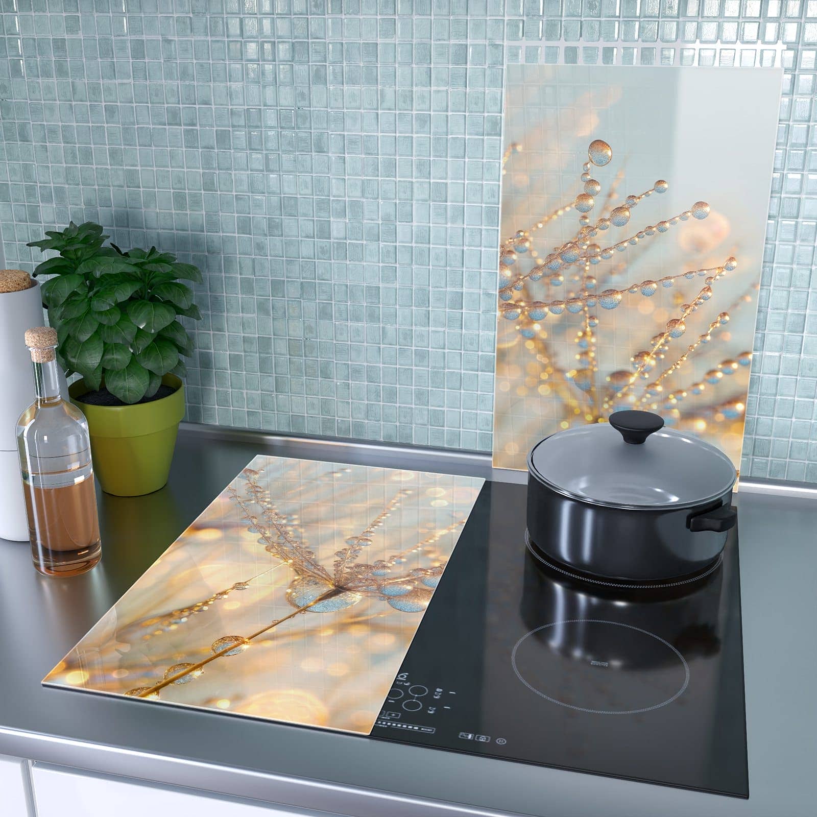 2-teilige Herdabdeckplatte mit Tautropfen Panorama-Motiv als Spritzschutz hinter dem Kochfeld
