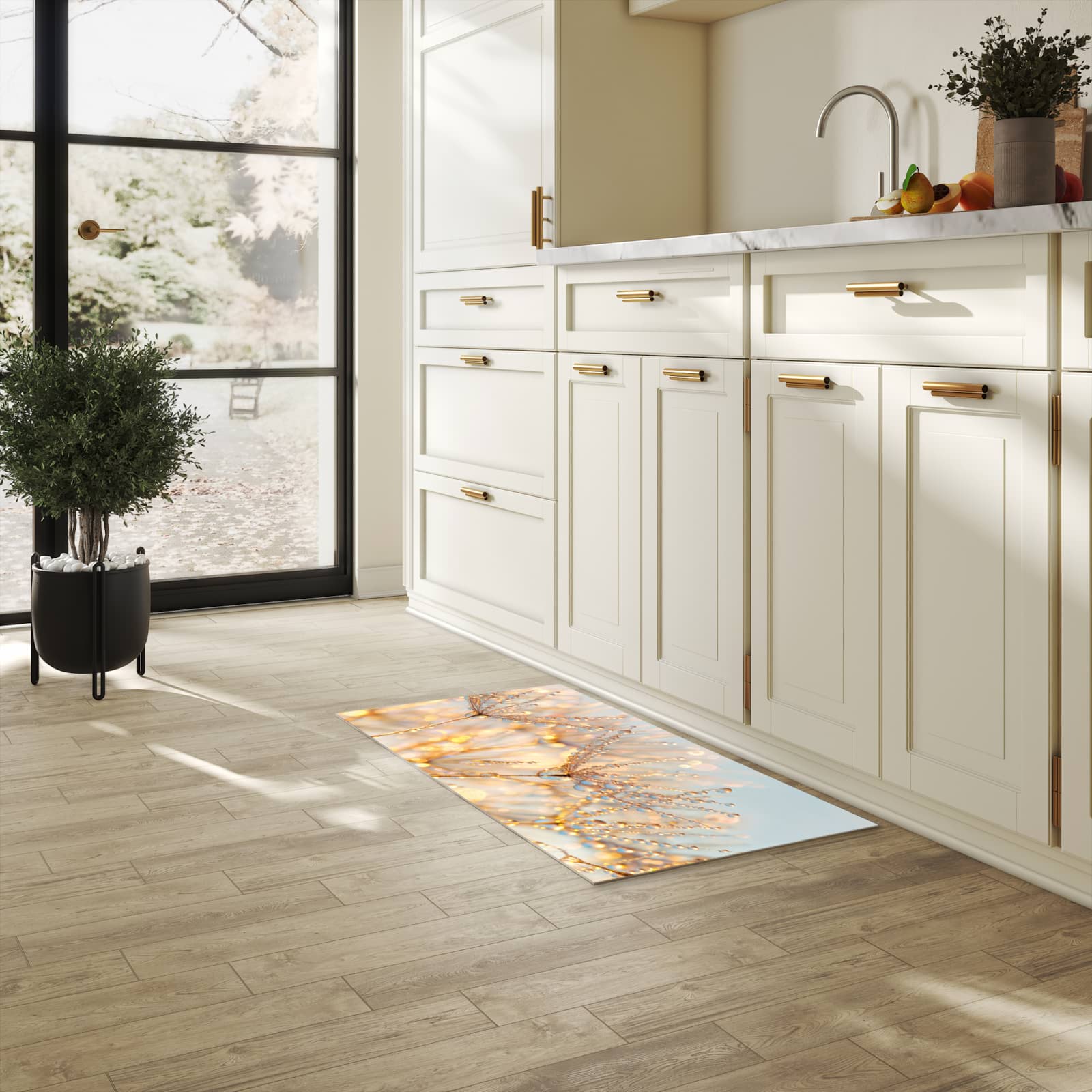 Abriebfester großer Küchenteppich mit Motiv Tautropfen Panorama in heller Küche