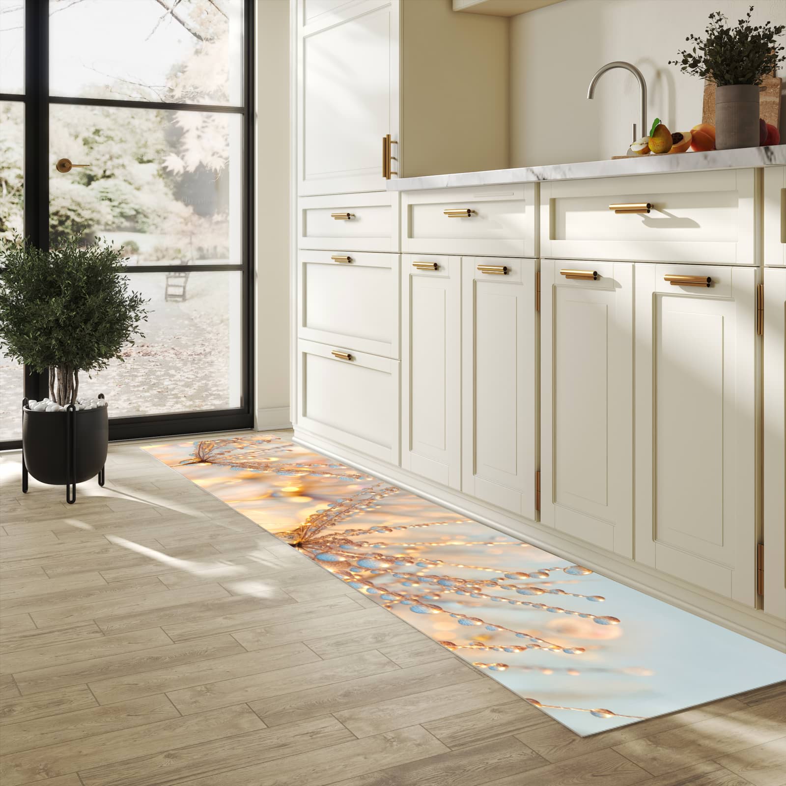 Schmutzabweisender Küchenläufer mit Motiv Tautropfen Panorama in heller Küche