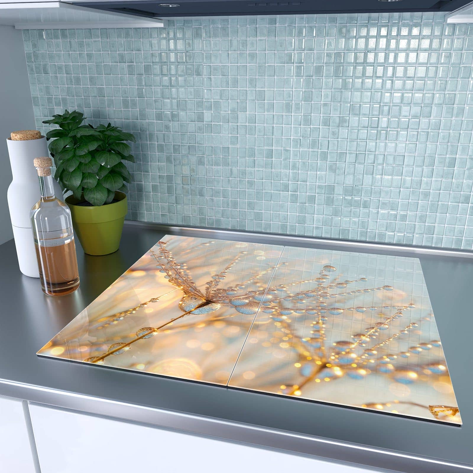 2-teilige Herdabdeckplatte für Induktion mit Tautropfen Panorama-Motiv auf dem Ceranfeld