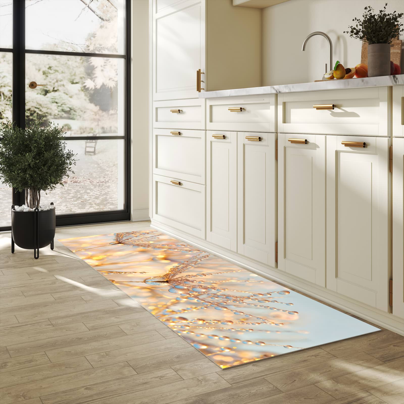 Flacher rutschfester Küchenläufer mit Motiv Tautropfen Panorama in heller Küche