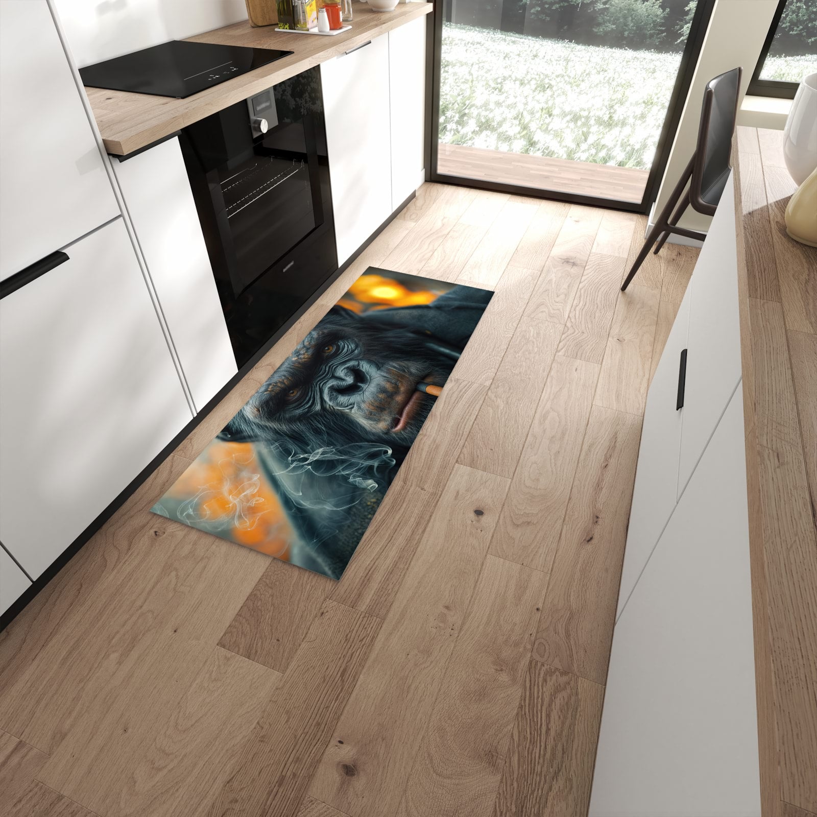 Feuchtigkeitsresistenter Küchenvorleger mit Motiv Rauchender Affe in moderner Küche #grösse_60 x 150 cm