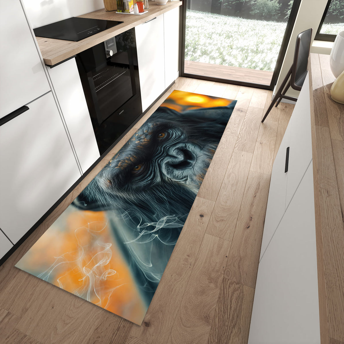Zeitsparender langer Teppich mit Motiv Rauchender Affe in moderner Küche