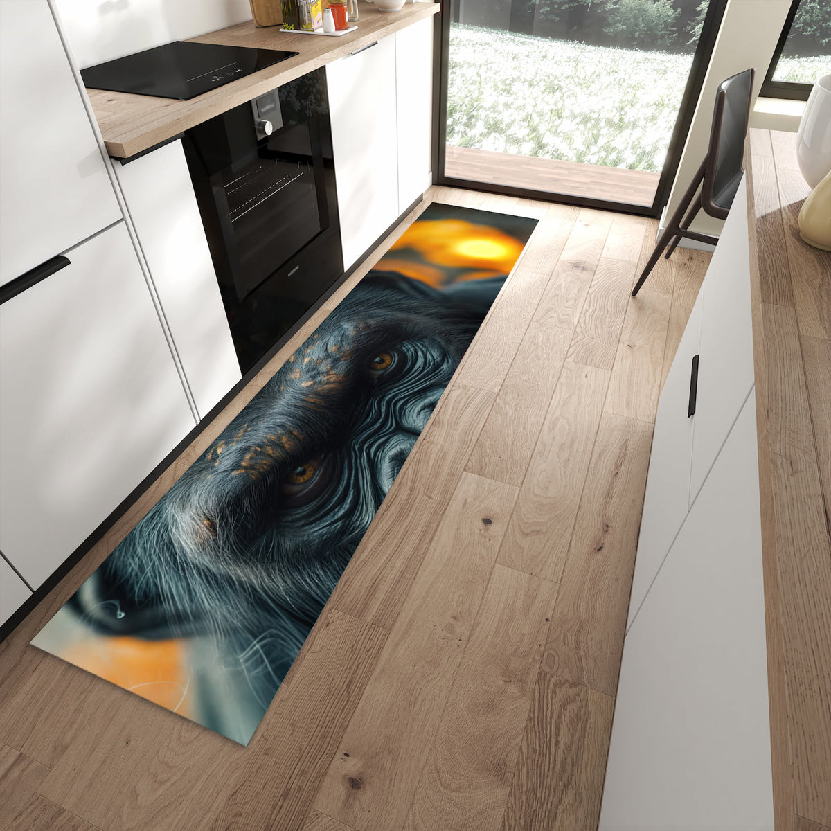 Bodenschonender Küchenläufer mit Motiv Rauchender Affe in moderner Küche