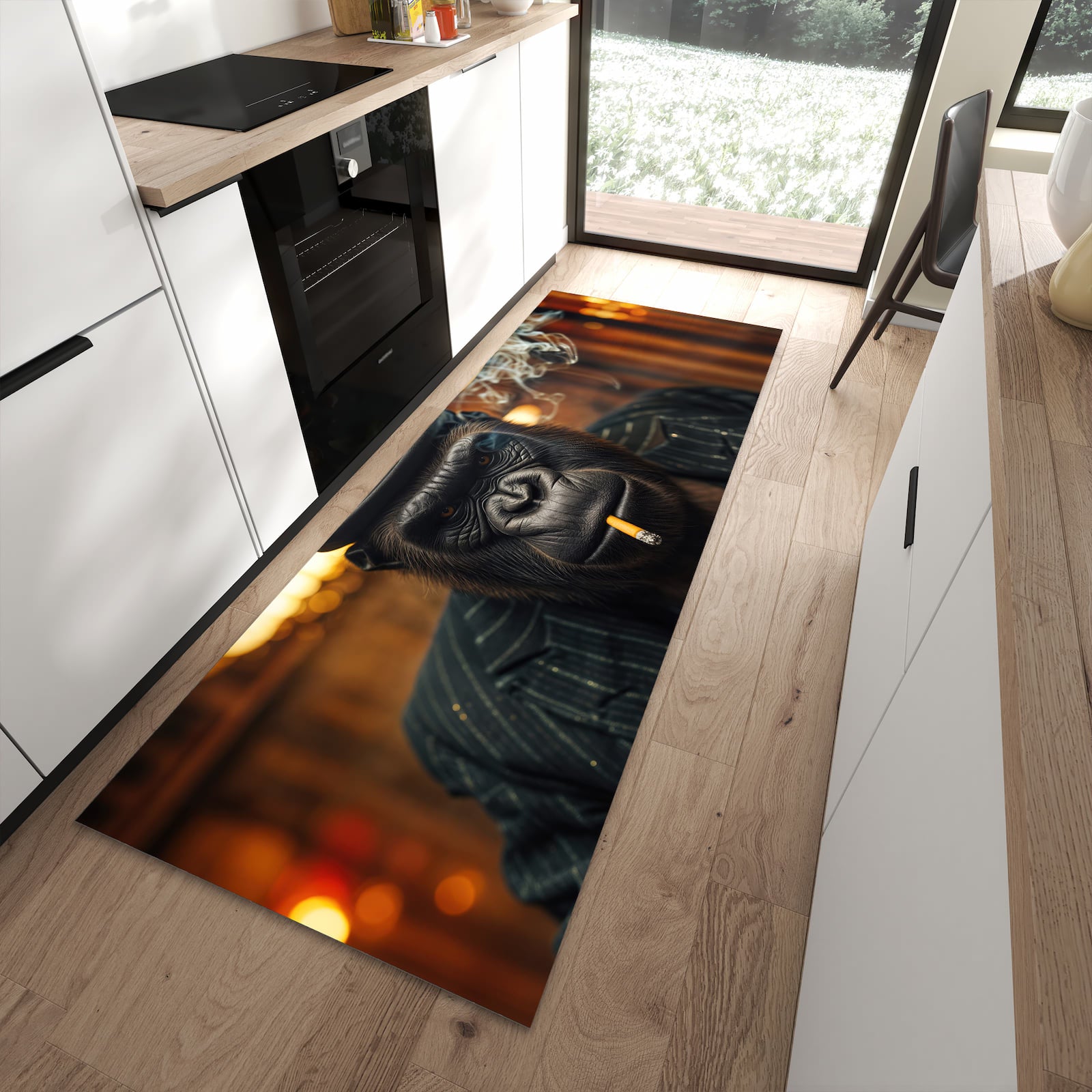 Langlebiger Küchenläufer mit Motiv Rauchender Gorilla in moderner Küche