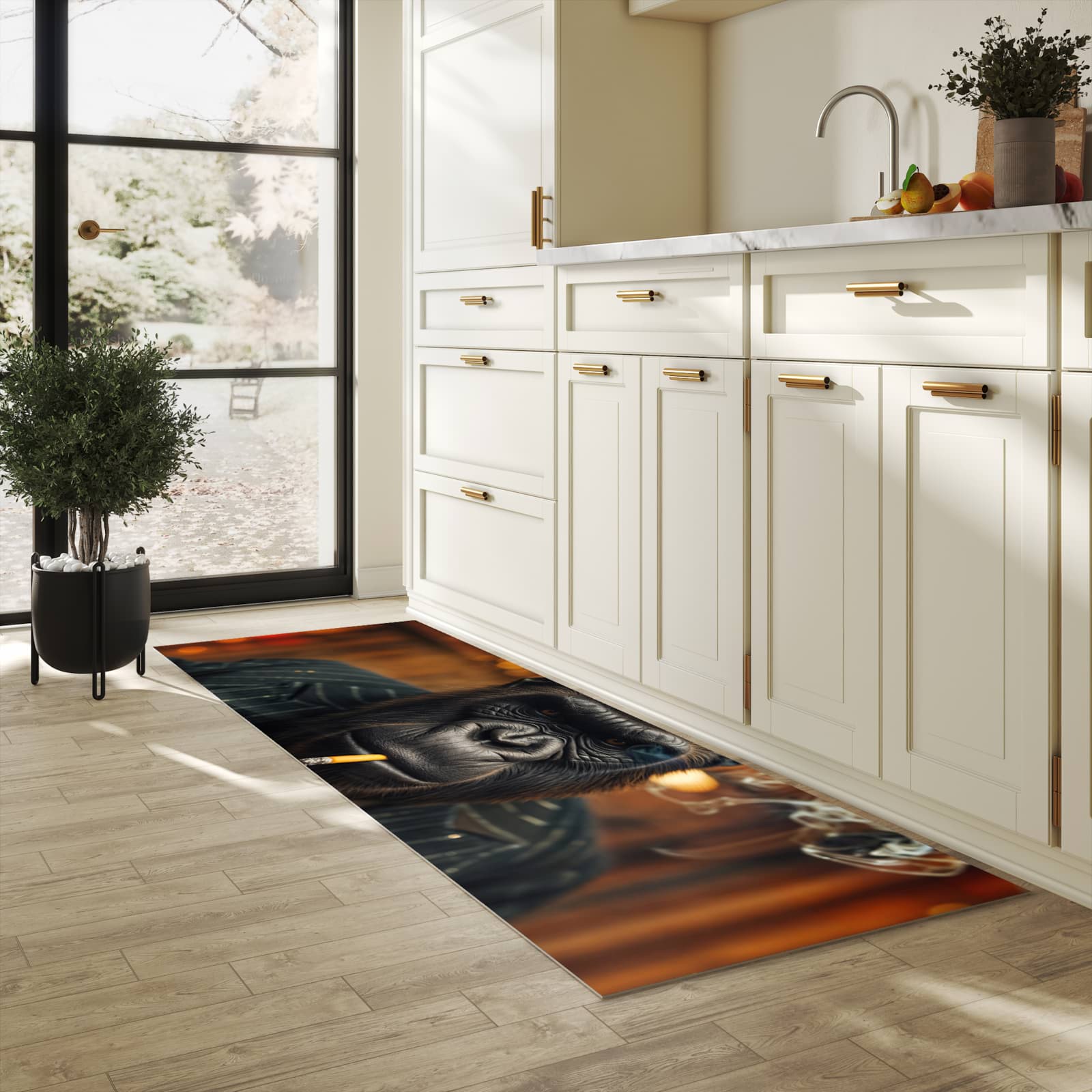 Komfortabler langer Teppich mit Motiv Rauchender Gorilla in heller Küche