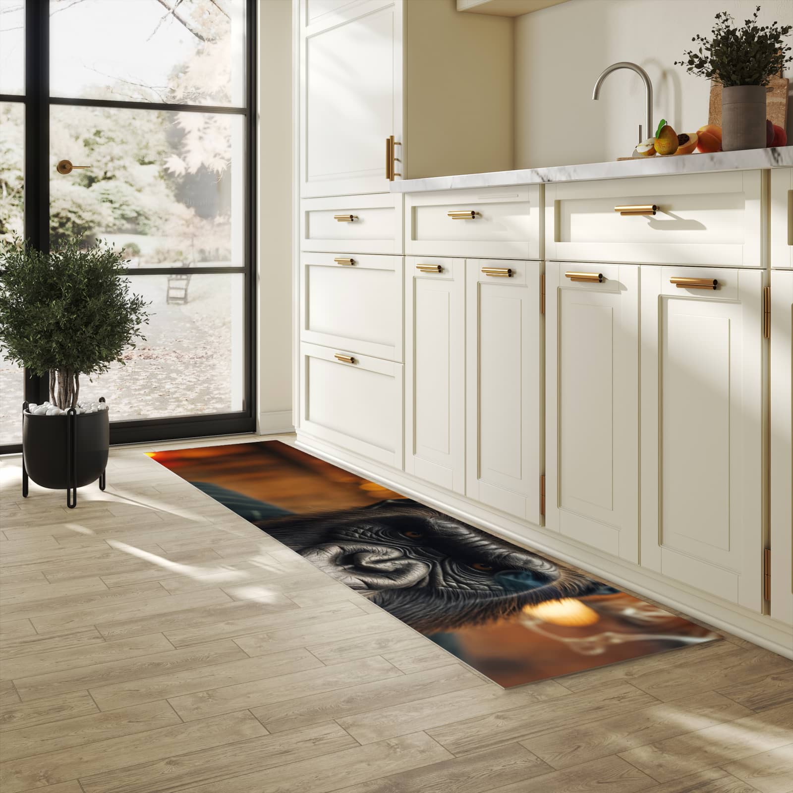 Geruchsneutraler Küchenläufer mit Motiv Rauchender Gorilla in heller Küche