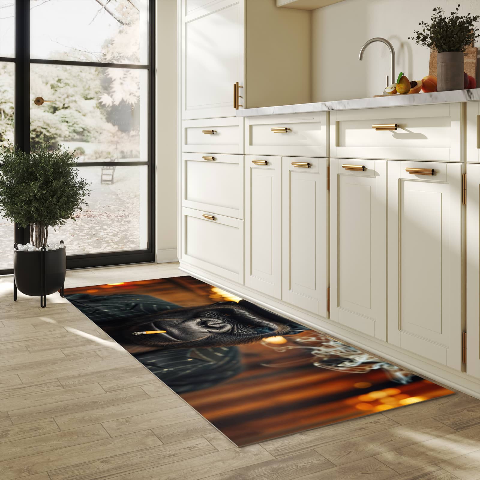 Hygienischer rutschfester Küchenteppich mit Motiv Rauchender Gorilla in heller Küche