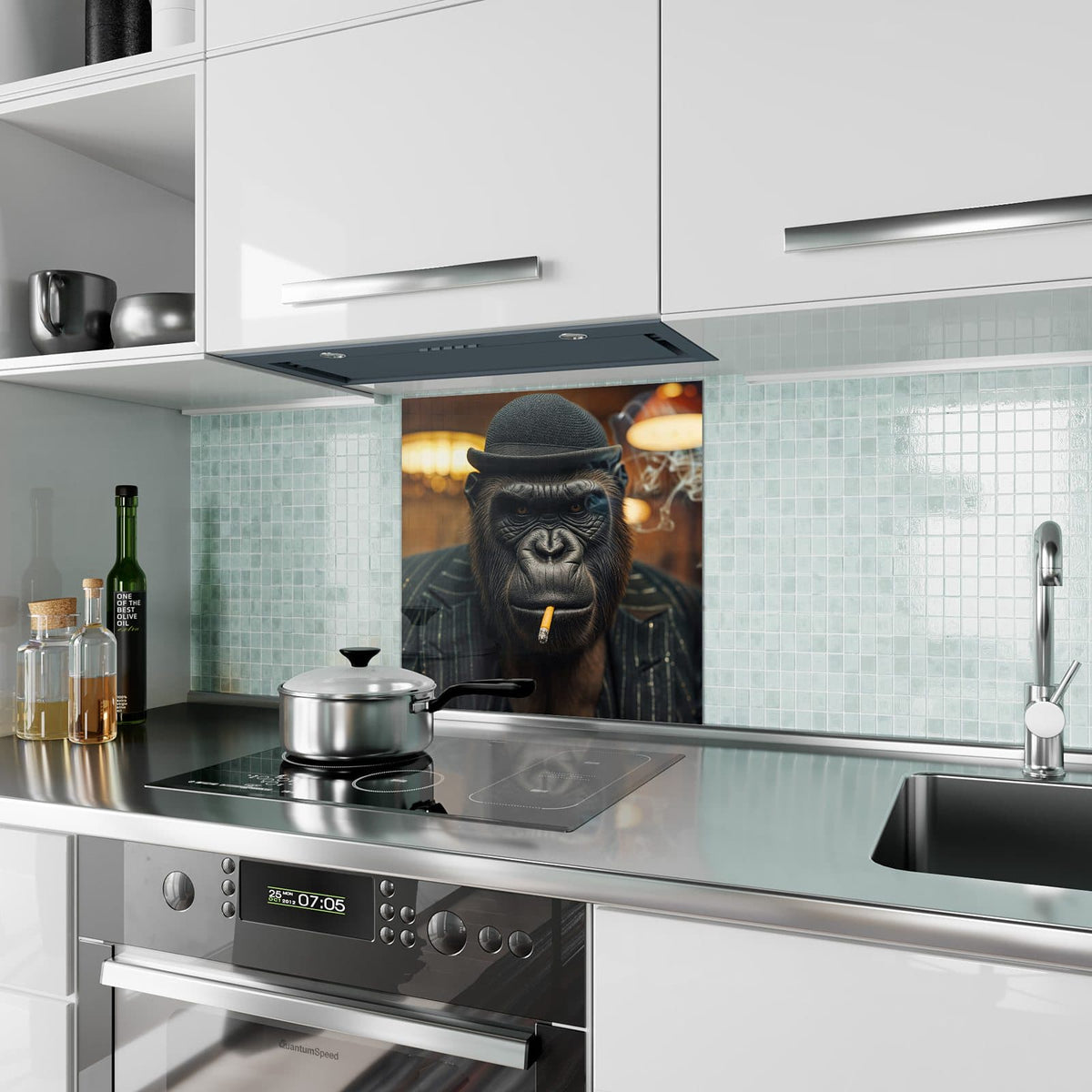 Küchenrückwand Gorilla im Anzug aus Glas – Gorilla mit Melone und Nadelstreifen