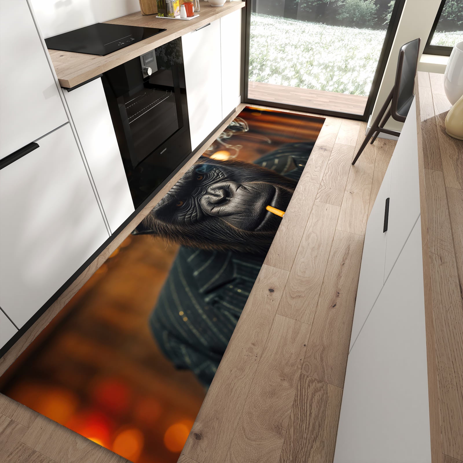 Strapazierfähiger Läufer für die Küche mit Motiv Rauchender Gorilla in moderner Küche