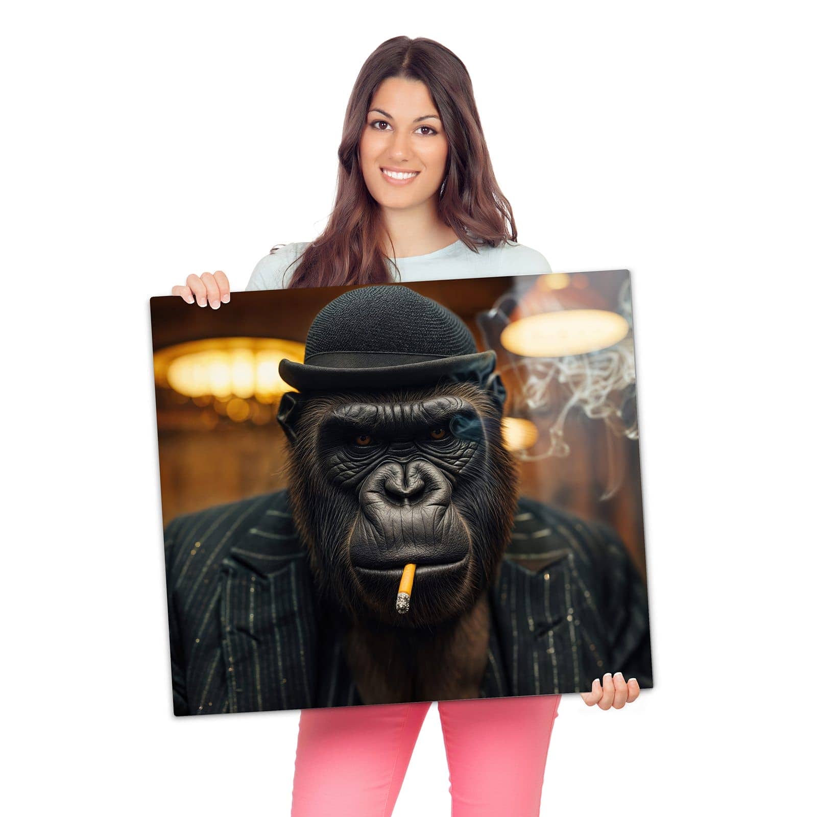 Abdeckung für Herdplatten mit Rauchender Gorilla-Motiv wird zur Größendarstellung gehalten