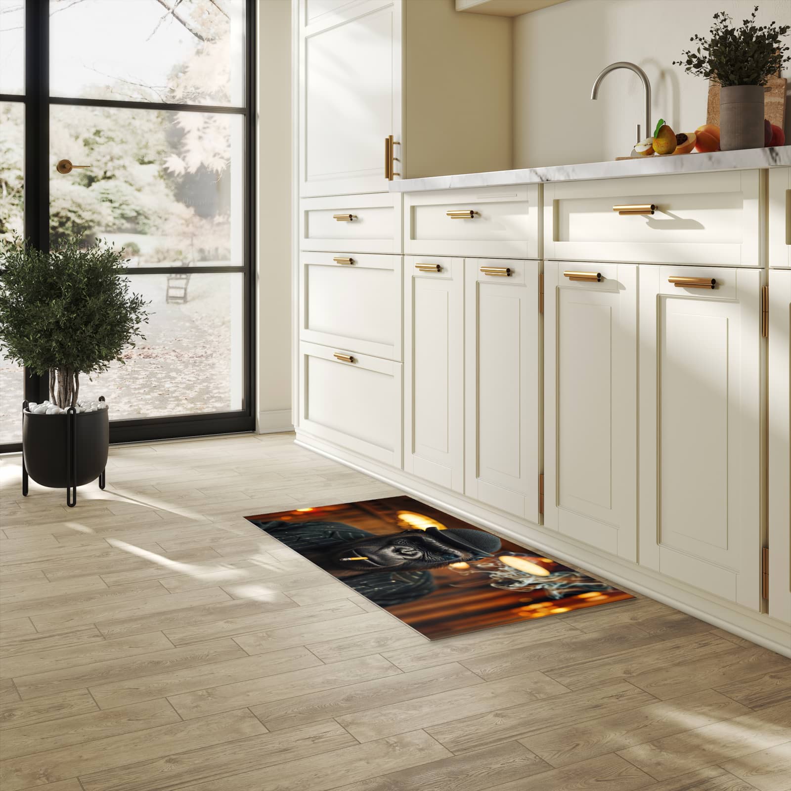 Küchenteppich mit Motiv Rauchender Gorilla für Trittkomfort in heller Küche