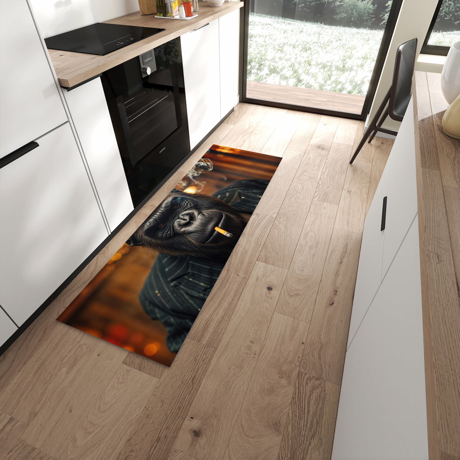 Langlebiger Küchenläufer mit Motiv Rauchender Gorilla in moderner Küche