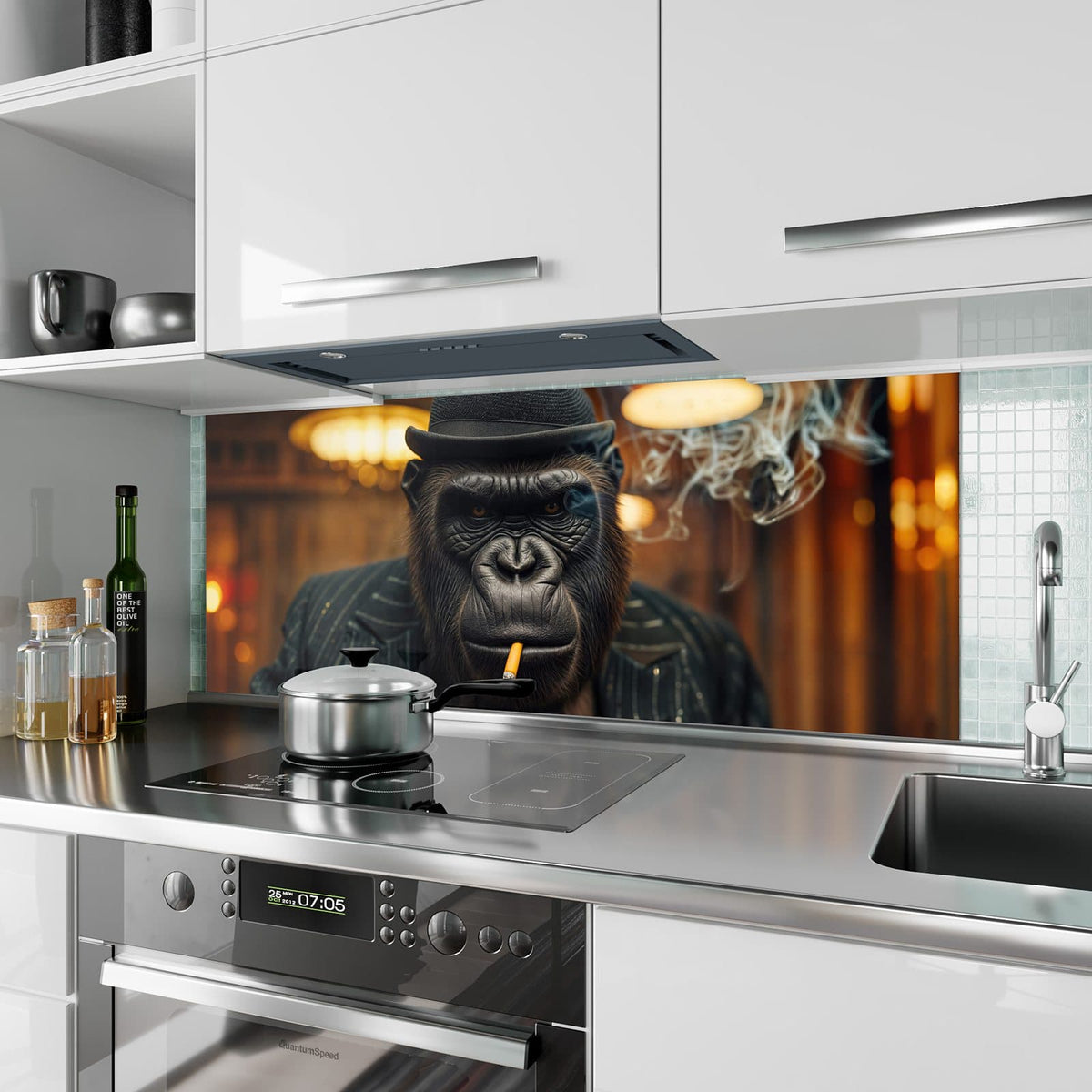 Küchenrückwand aus Glas Gorilla im Anzug im Hochformat als Spritzschutz hinter dem Kochfeld, über dem Fliesenspiegel montiert