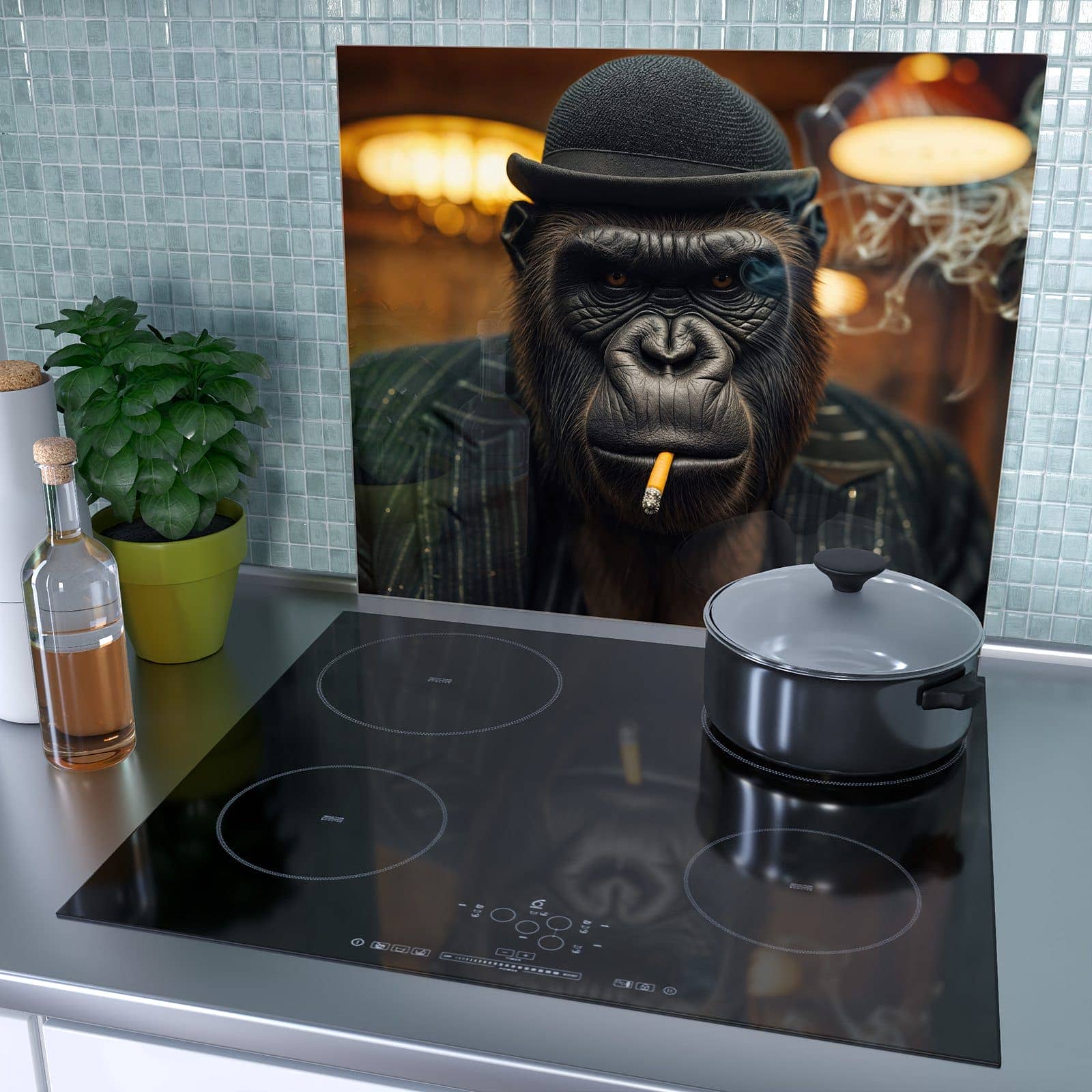 1-teilige Herdabdeckung mit Rauchender Gorilla-Motiv als Spritzschutz hinter dem Kochfeld