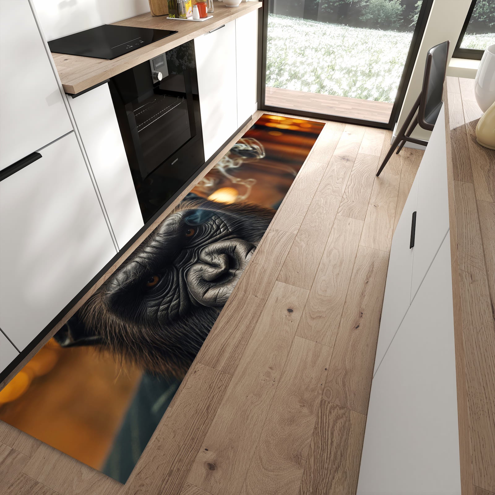 Komfortabler Küchenteppich mit Motiv Rauchender Gorilla in moderner Küche