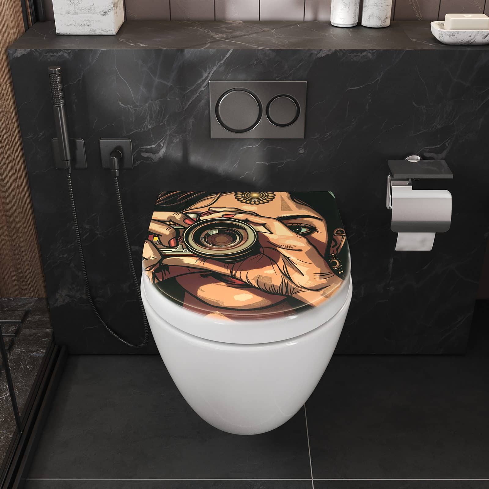 WC-Sitz mit Absenkautomatik Frau Mit Kamera