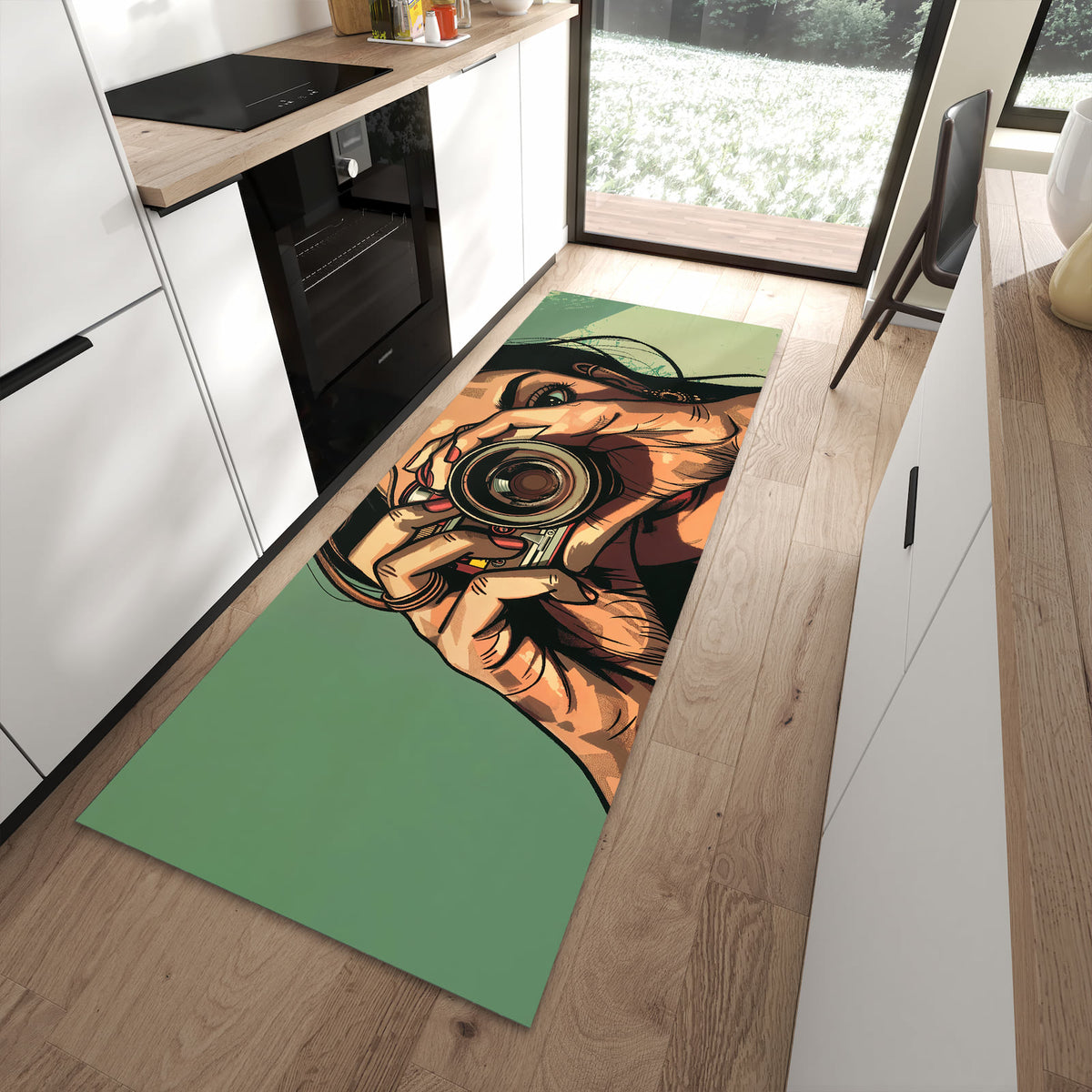 Fleckenresistenter moderner Küchenläufer mit Motiv Frau Mit Kamera in moderner Küche