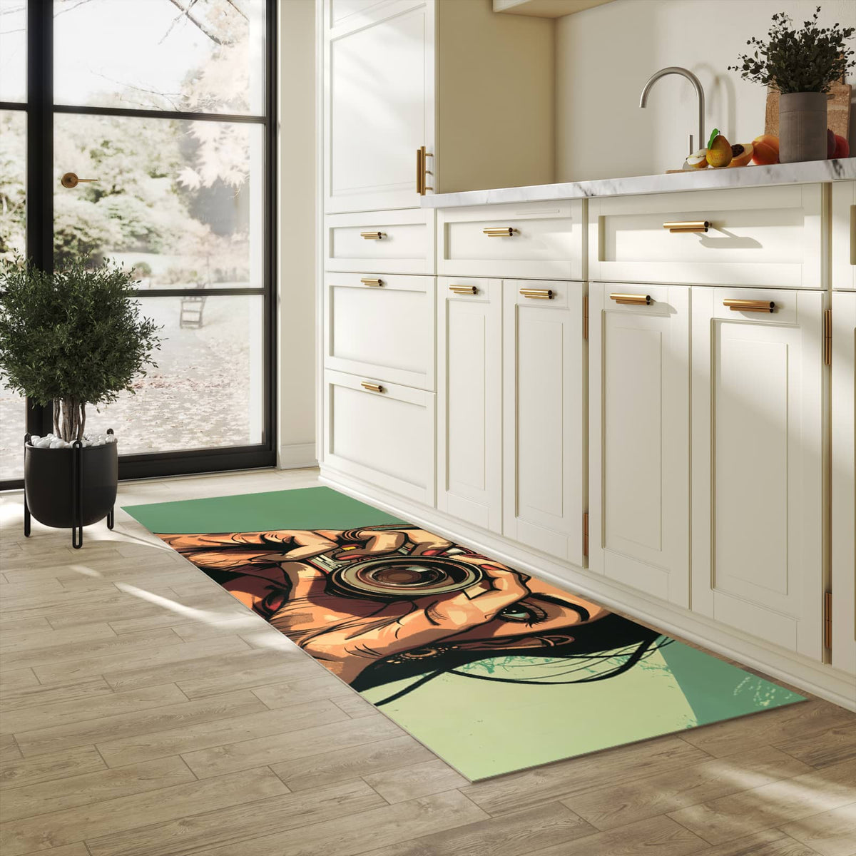 Waschbarer Küchenteppich mit Motiv Frau Mit Kamera in heller Küche